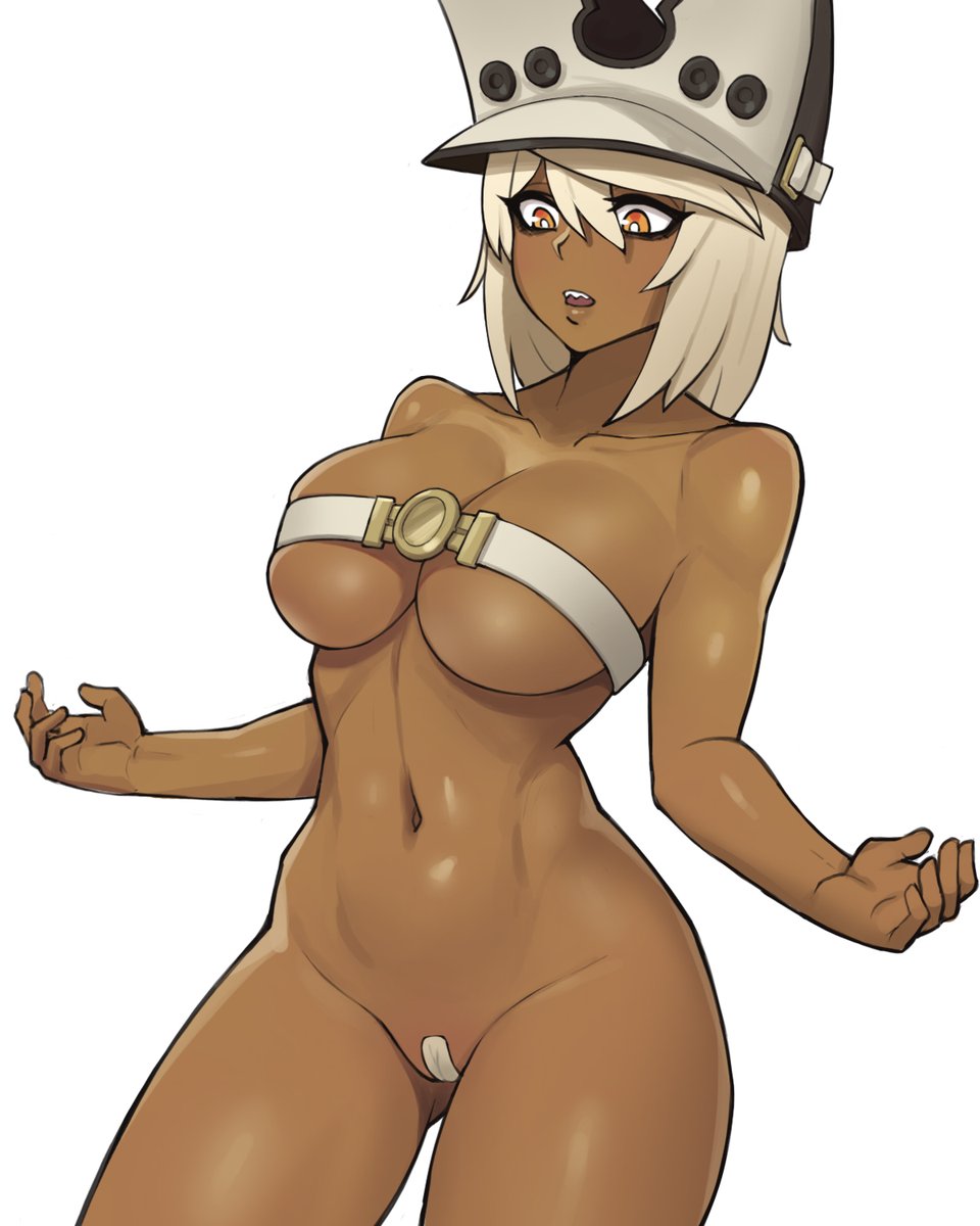 1girls bandaid_on_pussy belt beltbra blonde_hair breasts chest_wraps cleavage covered_nipples dark-skinned_female dark_skin donburikazoku female_only guilty_gear hat large_breasts navel nude open_mouth orange_eyes ramlethal_valentine simple_background solo underboob white_background