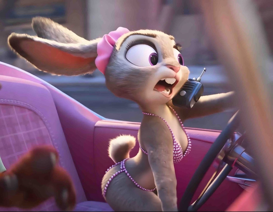 ai assisted, ai generated, arched back, beads, bikini, edit, edited screencap, hair ribbon, judy hopps, skimpy, skimpy bikini, skimpy clothes, zootopia, zootopia 2