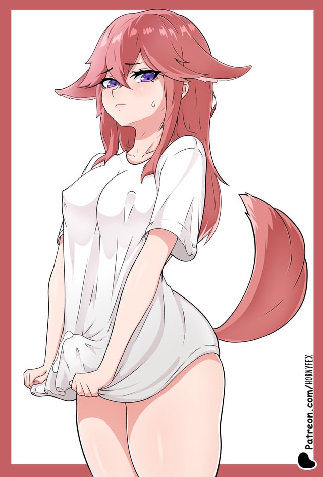 1futa, brown hair, erect nipples, erect penis, erection, fox girl, futa only, futanari, genshin impact, hiding erection, hornyfex, monster, monster girl, nipples, penis, penis under clothes, pink hair, precum, purple eyes, solo, solo futa, sweat, sweating, tail, yae miko