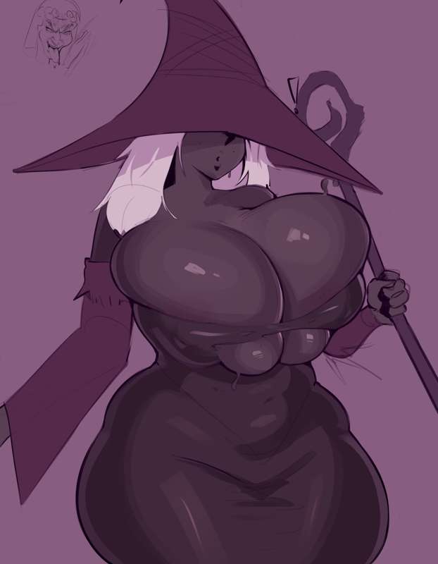 belly bulge, big ass, big breasts, child bearing hips, cleavage, cleavage overflow, elden ring nightreign, female only, hourglass figure, huge ass, huge breasts, laulau, laulaut, overflowing breasts, recluse (nightreign), thick, tight clothing, tight dress, witch, witch hat