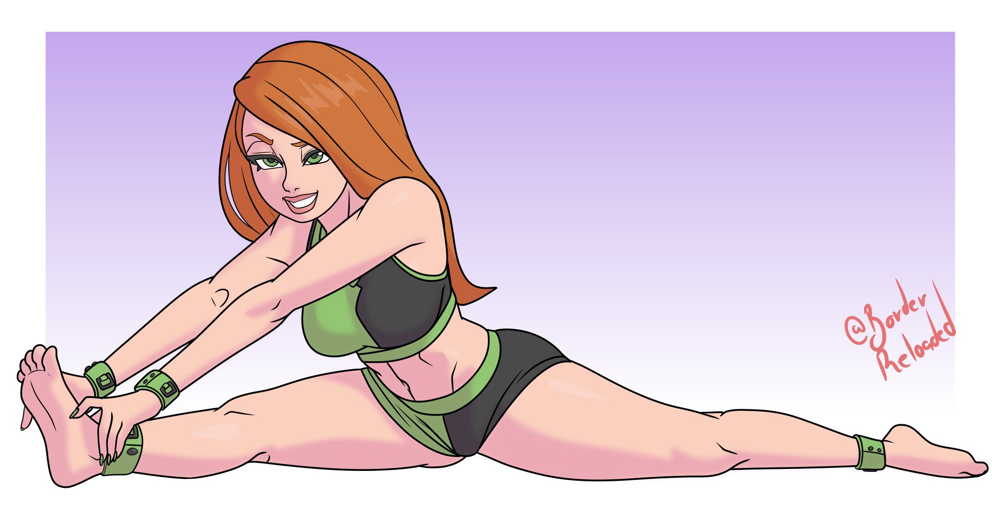 1girls, 2d, anklet, artist name, athletic, athletic female, bare midriff, bare shoulders, barefoot, borderreloaded, bracelet, breasts, busty, cheerleader, cheerleader uniform, clothed, disney, disney channel, feet, female, female focus, female only, flexible, flexible female, green eyes, hourglass figure, human, kim possible, kimberly ann possible, light skin, light-skinned female, long hair, makeup, nail polish, navel, painted fingernails, painted nails, red hair, short shorts, shorts, solo, splits, tagme, toes, wide hips