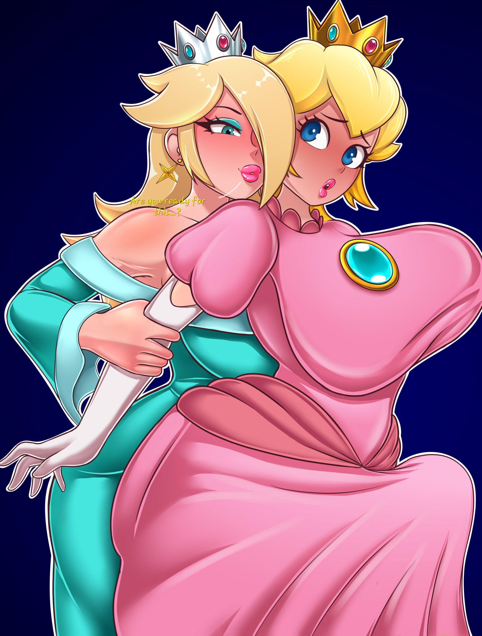 1futa, 1girls, antojadorvrd, armwear, blonde hair, blue dress, blue eyes, blue eyeshadow, blush, boner, breasts, clothed, clothing, crown, dialogue, dress, duo, earrings, erection, eyelashes, female, fully clothed, futa on female, futanari, grabbing arms, huge breasts, human, human female, human futa, human on human, intersex, light skin, light-skinned female, light-skinned futa, lipstick, long hair, looking at another, mario (series), mature, mature female, mature futa, nintendo, part 1, pink dress, pink lipstick, princess, princess peach, princess rosalina, royalty, smiling, super mario bros., super mario galaxy, text, thigh sex, voluptuous, voluptuous female, voluptuous futa, white armwear