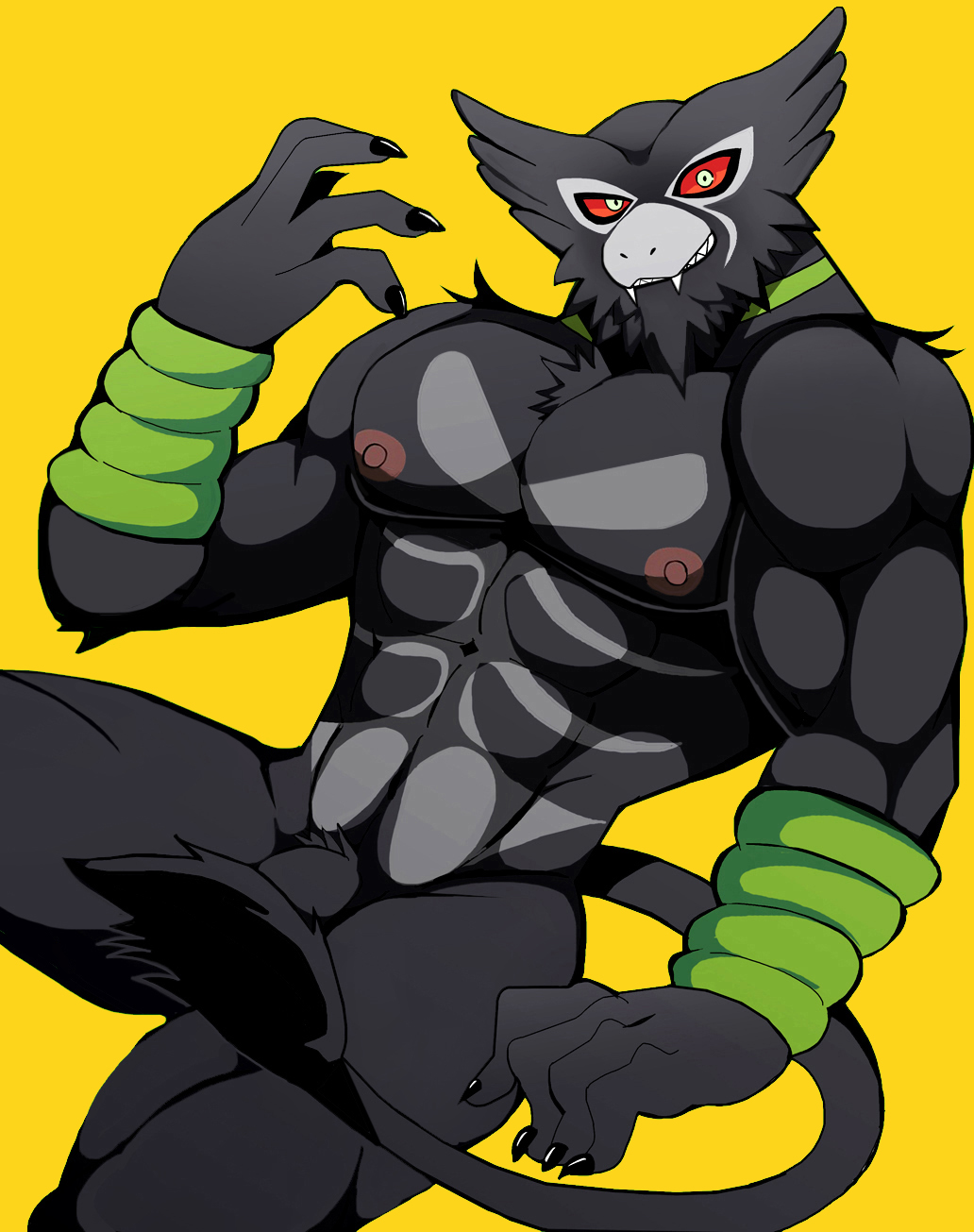 1boy 2020 5_fingers abs anthro anthrofied areola bara bearlovestiger13 biceps biped black_body black_claws black_fur black_penis black_tail censored cheek_tuft chest_tuft chin_tuft claws convenient_censorship evil_grin eye_markings facial_markings facial_tuft fangs fingers flaccid fur fur_tuft furry green_body green_markings grey_body grey_fur half-length_portrait head_markings ineffective_censorship legendary_pokémon looking_at_viewer male male_only mammal markings mask_(marking) multicolored_body multicolored_fur muscular muscular_male muscular_thighs muzzle_(marking) navel neck_markings nintendo nipples nude pecs penis pink_areola pink_nipples pokémon_(species) pokémorph pokemon pokemon_ss portrait pose primate pubes red_sclera sharp_teeth simple_background smile snout solo tail_censorship tail_tuft tear_(marking) teeth tuft two_tone_body two_tone_fur video_games white_body white_eyes white_fur white_markings yaoi yellow_background zarude