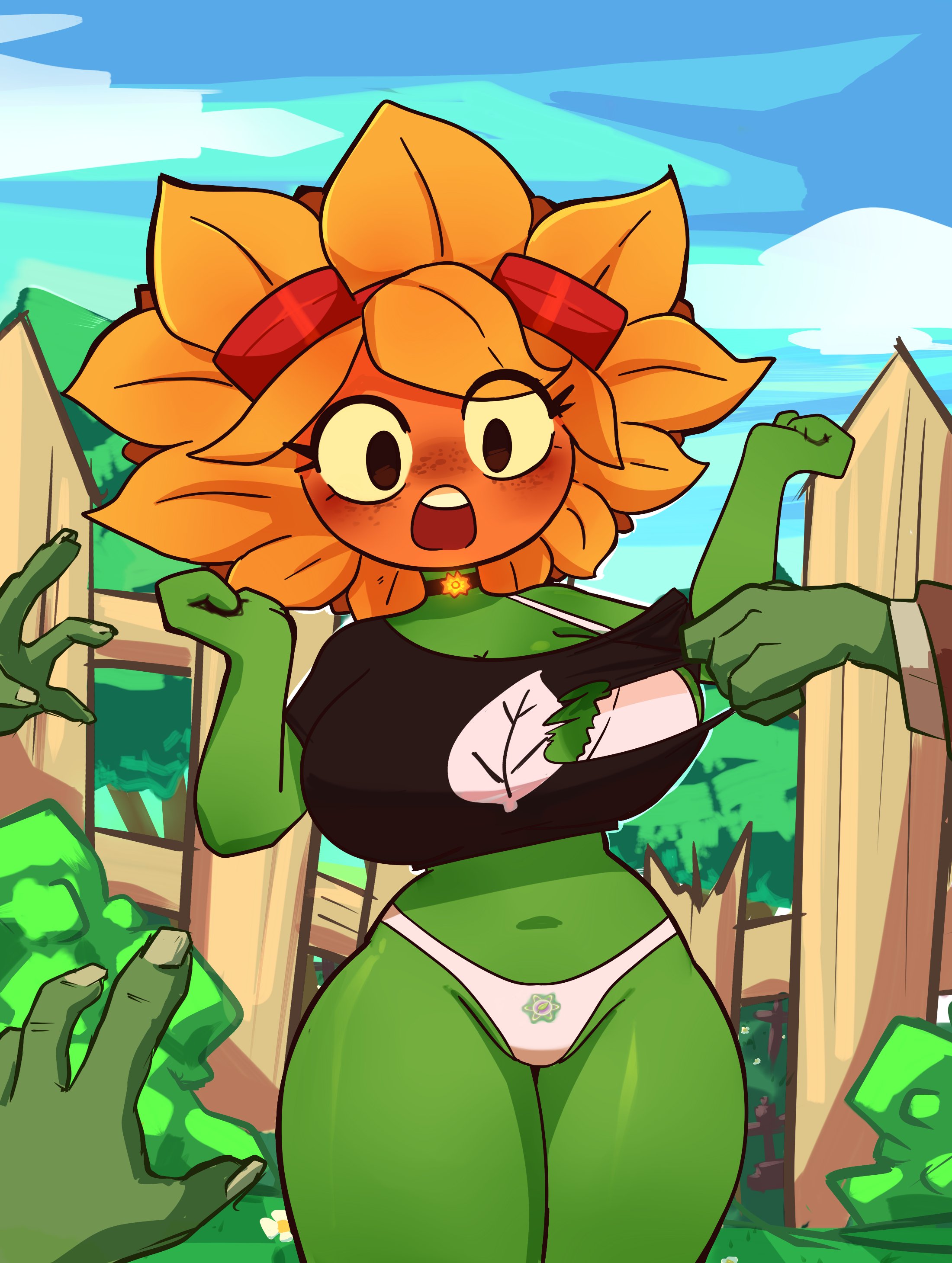 1girls, anthro, anthrofied, ass, ass focus, big breasts, breasts, choker, embarrassed, female, flora fauna, grabbing shirt, groping, no pants, panties, plant, plant girl, plant humanoid, plantie, plants vs zombies, plants vs. zombies, popcap games, rabiosin, ripped clothing, ripped shirt, ripping clothing, ripping shirt, solar flare (pvz), sun (pvz), sunflower (pvz), tearing clothes, tearing shirt, underwear, zero4541