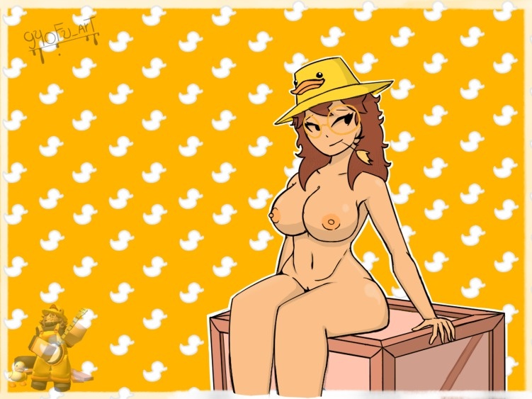 1girls, areolae, artist signature, breasts, brown hair, crate, dj (tds), ducky dj (tds), female, female only, glasses, hat, hat only, lewdgyofu art, looking away, nipples, nude female, pussy, pussy peek, reference image, roblox, roblox game, robloxian, round glasses, sitting, solo, source request, tagme, thighs, tower defense simulator