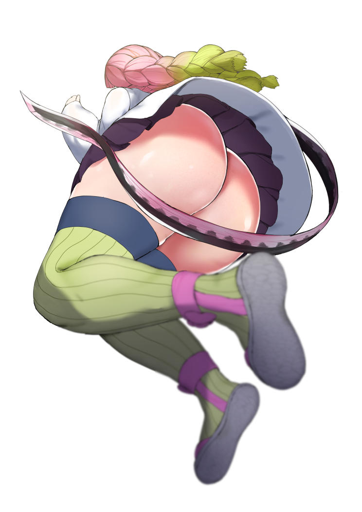 1girls, ass, ass focus, braided hair, demon slayer, female, from below, green hair, haori, huge ass, kanroji mitsuri, kimetsu no yaiba, knee socks, large ass, legs, long hair, low-angle view, pink hair, pleated skirt, shiny skin, sikijou77o, skirt, skirt up, solo, stockings, sword, thick thighs, thighhighs, thighs, tied hair, under skirt, upskirt