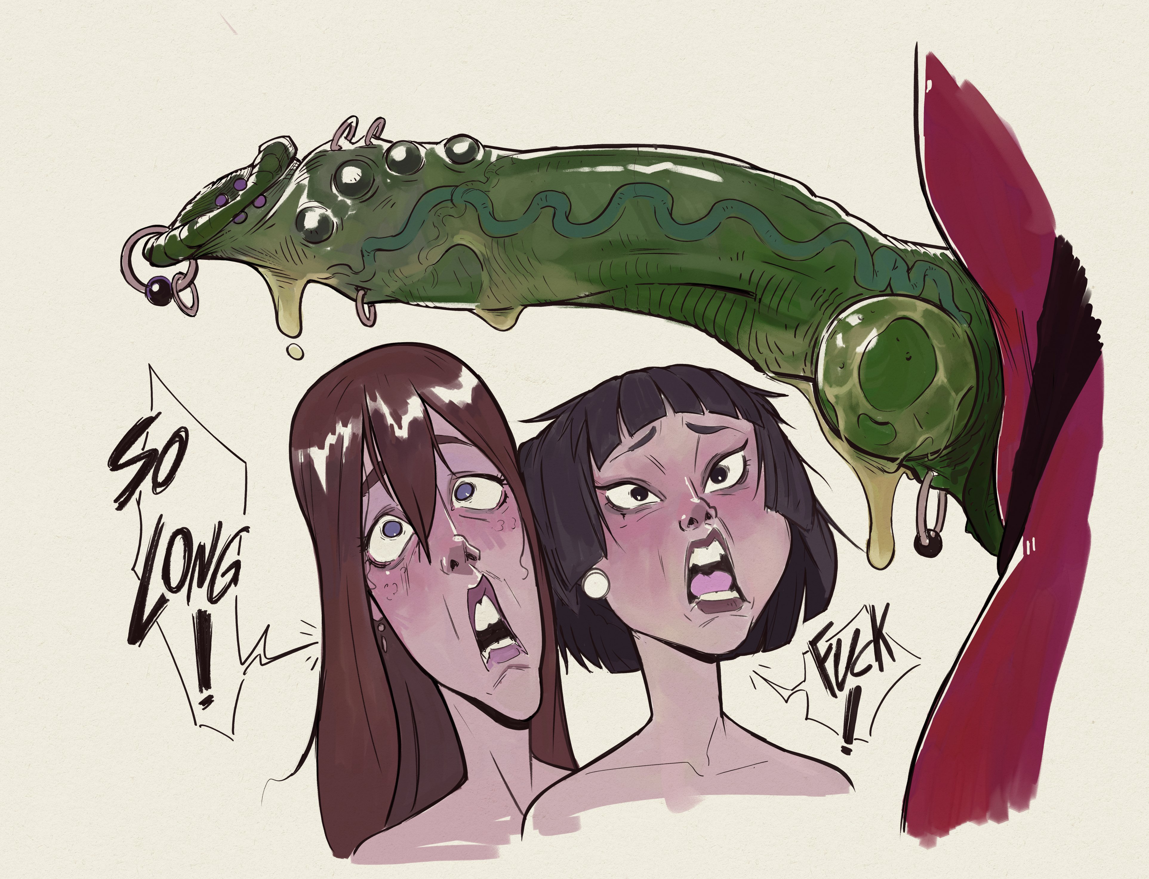 2d, 2d (artwork), 2d artwork, alien genitalia, alien/human, big penis, female, original, original character, penis, penis awe, pierced genitals, piercing, precum, shadowmist, shock, shocked, shocked expression, shocked eyes, shocked face