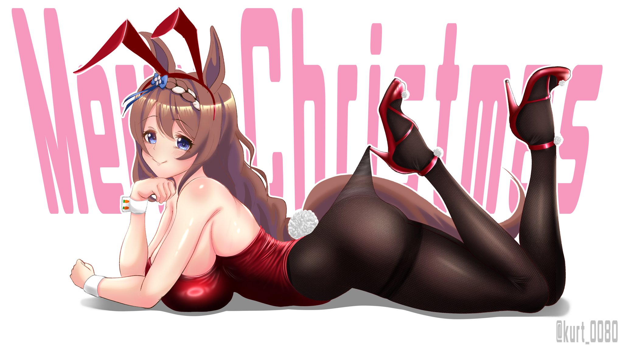 1girls, ass, big breasts, blue eyes, brown hair, bunnysuit, christmas, cygames, english text, female, female only, heels, high heels, horse girl, kurt 0080, lace pantyhose hooked on heel (meme), light skin, light-skinned female, super creek (umamusume), text, umamusume, umamusume pretty derby, umamusume: cinderella gray