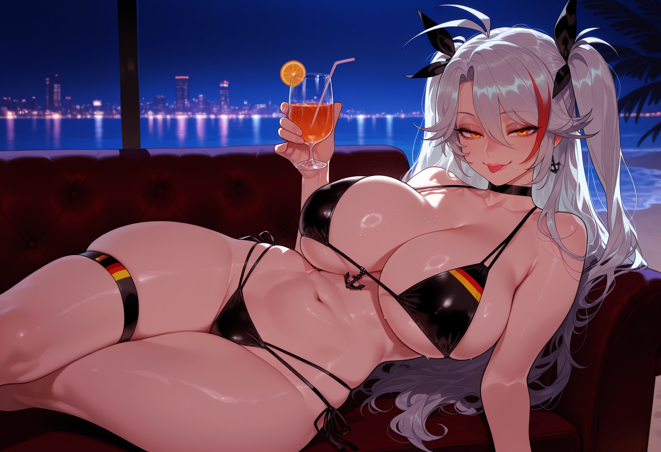:p, 1girls, ai generated, antenna hair, azur lane, balecxi, bangs, bare shoulders, beach, bikini, black bikini, black choker, black ribbon, black swimsuit, blush, breasts, choker, cityscape, cleavage, clothing, collarbone, couch, cross, cross earrings, cup, curvaceous, curvaceous female, curvaceous figure, curvy, curvy figure, drink, drinking glass, earrings, exhibitionism, female, female focus, female only, flag print, food, fruit, german flag, german flag bikini, hair between eyes, hair ornament, hair ribbon, holding, holding cup, huge breasts, inviting, iron cross, jewelry, large breasts, lemon slice, long hair, looking at viewer, lying, mole, mole on breast, multicolored hair, naughty face, navel, night, official alternate costume, on side, orange (fruit), orange eyes, orange slice, outdoor nudity, outdoors, outside, presenting, presenting ass, presenting breasts, presenting hindquarters, presenting self, prinz eugen (azur lane), prinz eugen (unfading smile) (azur lane), red hair, ribbon, seductive, seductive look, seductive smile, shiny skin, side-tie bikini bottom, side-tie clothing, side-tie swimsuit, sideboob, skindentation, sky, smile, solo, stomach, streaked hair, swimsuit, thigh strap, thighs, tongue, tongue out, two side up, uncensored, underboob, very long hair, voluptuous, voluptuous female, water, white hair