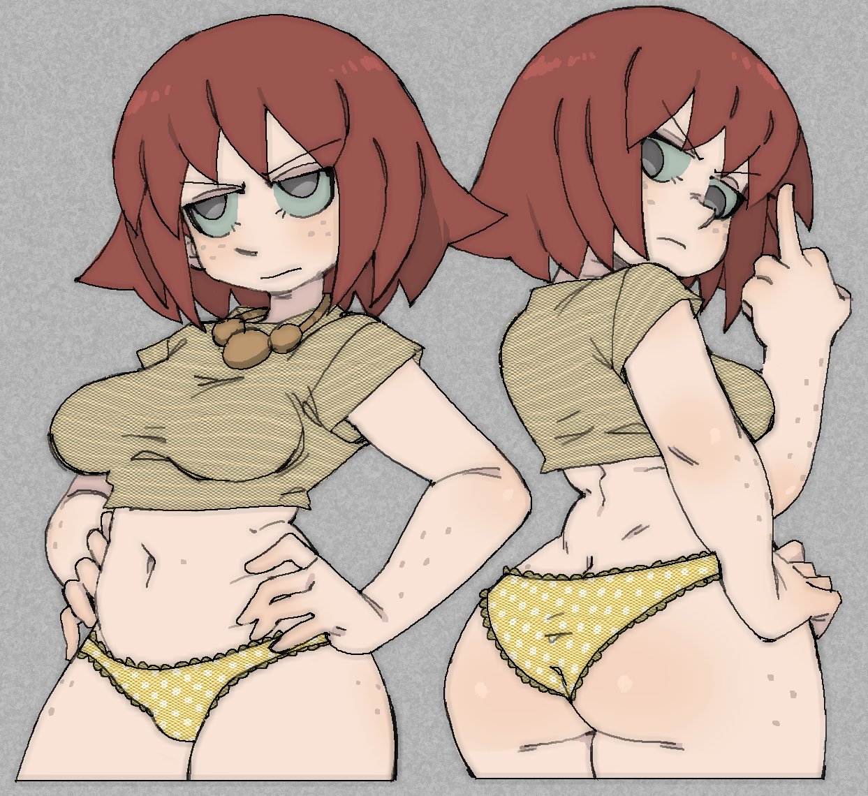 1girls, 2026, annoyed, ass, auburn hair, back view, belly button, big ass, breasts, clothed, clothed female, clothing, cowboy shot, crop top, curvaceous, curvy, female, freckles, freckles on arms, freckles on ass, freckles on face, front view, fully clothed, gesture, hair, hand on hip, hands on hips, human, kim pine, lace trim, lace-trimmed panties, large ass, light skin, light-skinned female, looking back, medium breasts, medium hair, middle finger, midriff, navel, necklace, no pants, panties, pantsu ripper, polka dot, polka dot panties, red hair, redhead, scott pilgrim, shirt, simple background, skindentation, solo, standing, stomach, t-shirt, thick thighs, thighs, underwear, wide hips, yellow panties