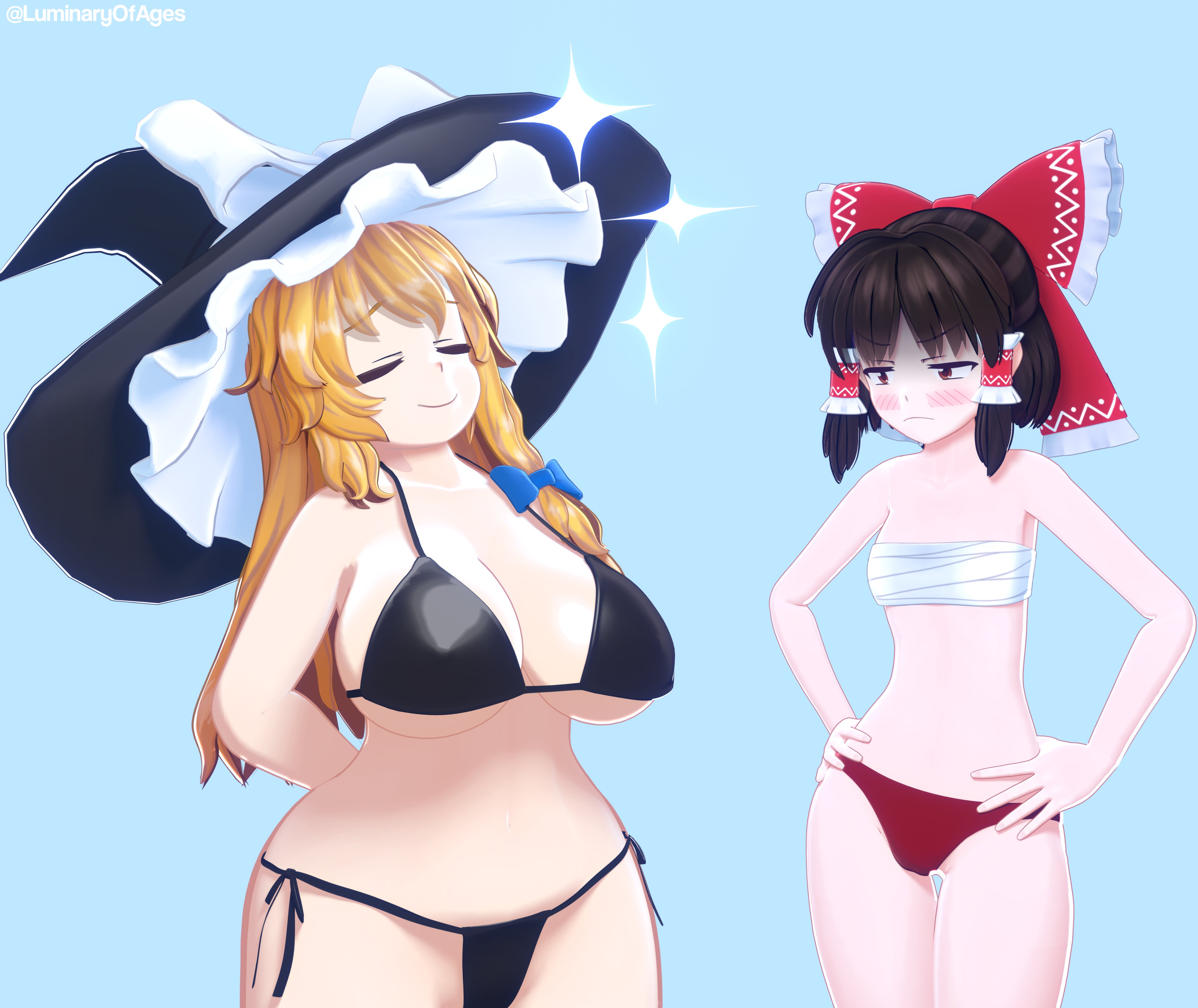 3d, angry, big breasts, bikini, blush, breast envy, breasts, confident, female, huge breasts, luminaryofages, marisa kirisame, proud, proud of breasts, reimu hakurei, small breasts, smug, thick thighs, touhou, wide hips
