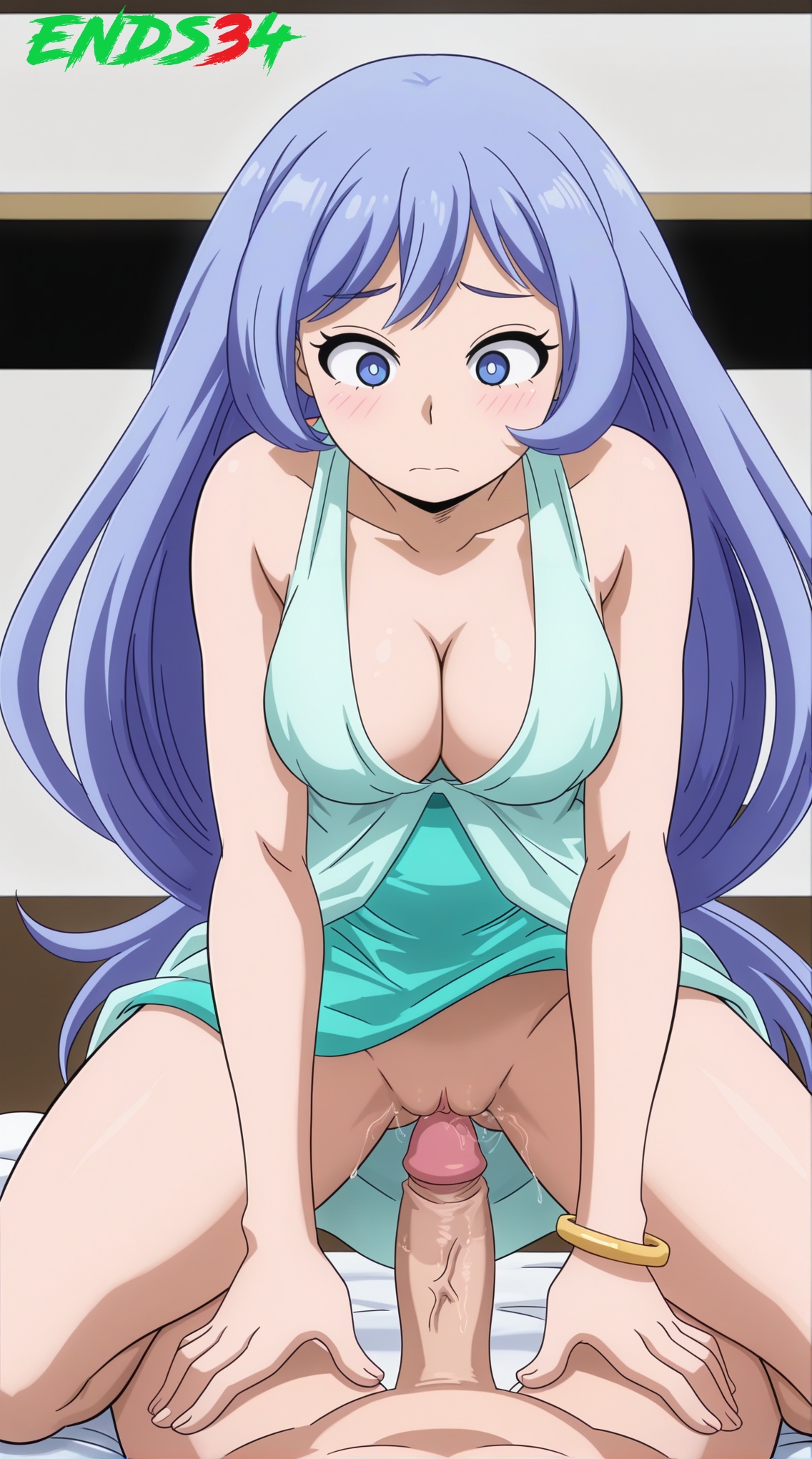 1boy, 1girls, accurate art style, ai generated, big breasts, blue hair, blue-haired female, boku no hero academia, dress, ends34, female, female focus, long hair, male, my hero academia, nejire hado, penis, sex, vaginal penetration
