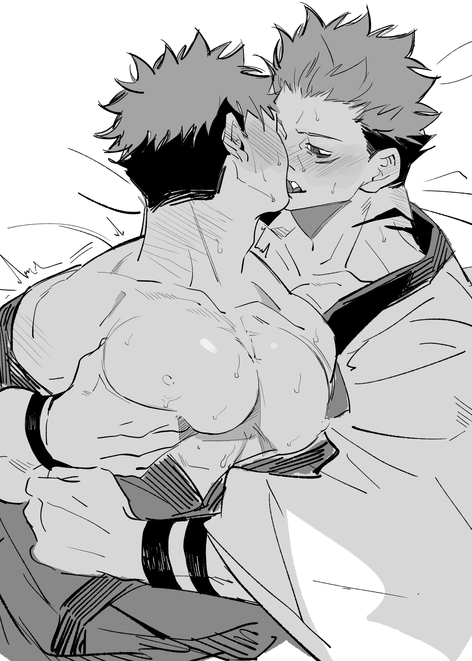 big pecs, french kiss, gay, groping, groping pecs, itadori yuuji, jujutsu kaisen, kimono, kimono down, kimono open, kissing, pecs, yaoi