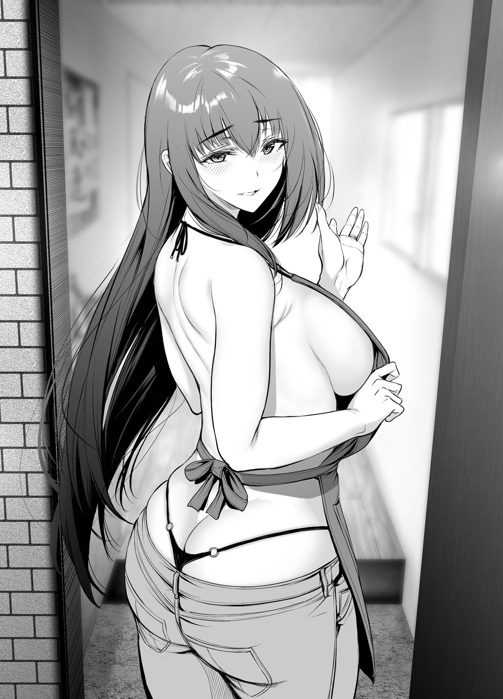 artist request, ass, ass crack, black hair, blush, breasts, butt crack, female, huge ass, inviting, large breasts, long hair, manga, milf, monochrome, naked apron, original, original character, sideboob, smirk, thong, wife