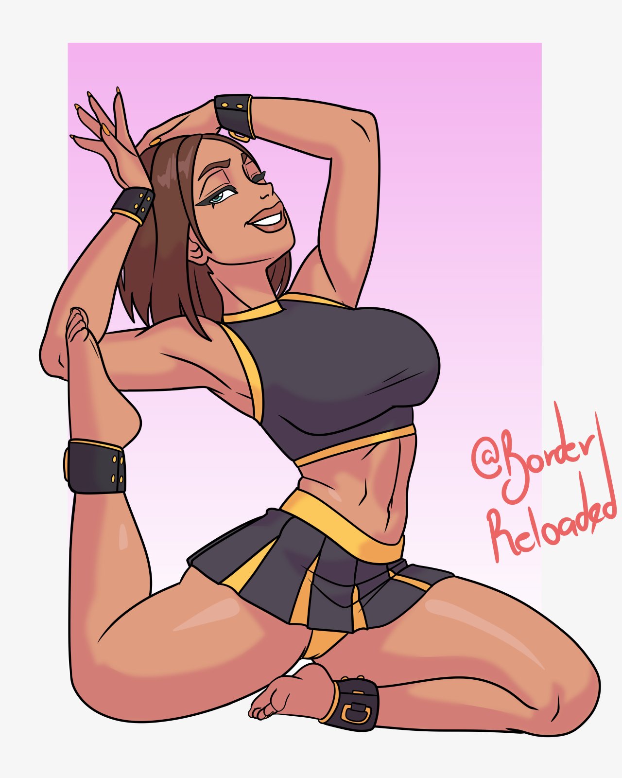 2d, anklet, athletic, athletic female, bare midriff, barefoot, blue eyes, bonnie rockwaller, borderreloaded, bracelet, brown hair, busty, cheerleader, cheerleader uniform, disney, disney channel, female, female focus, female only, flexible, hourglass figure, kim possible, makeup, miniskirt, nail polish, navel, painted fingernails, painted nails, skirt, tagme, tan, tan body, tan skin, tan-skinned female, uniform, wide hips