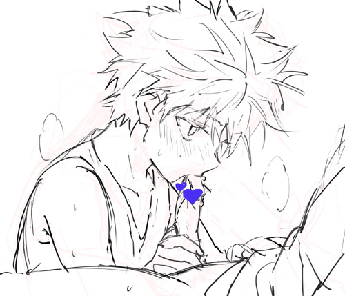 2boys, blowjob, blush, bottomless, censored, cock gobble, cock hungry, cum hungry, erection, fellatio, gay, giving head, going down on, head out of frame, heart censor, holding penis, hunter x hunter, just the tip, killua zoldyck, kneeling oral position, knob polishing, male, male only, multiple boys, multiple males, penis, playing skinflute, pointless censoring, sketch, spiky hair, sucking off, sweat, sweatdrop, tagme, white background, yaoi