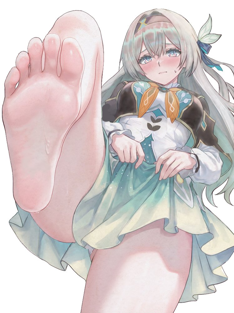 annoyed, blush, dress lift, dutch angle, feet, firefly (honkai: star rail), from below, honkai: star rail, large breasts, lifted by self, panties, panty peek, soles, stepping, sweatdrop, thick thighs, toes, white panties, wide hips, worried