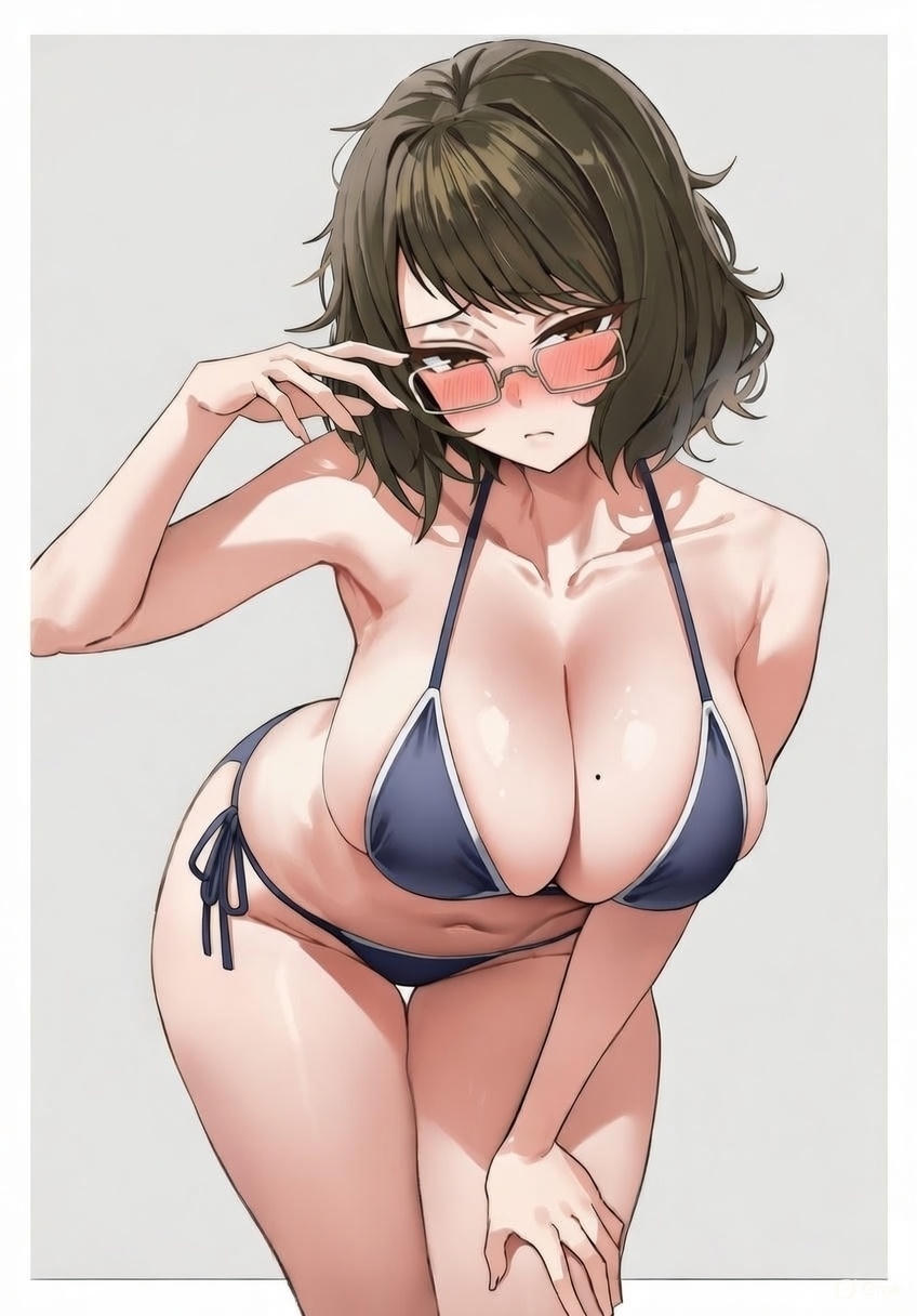 1girls, ai assisted, ai generated, ai modified, bending forward, bending over, bent over, big thighs, bikini, bikini bottom, bikini only, bikini top, blush, bob cut, breasts, brown hair, embarrassed, embarrassed female, female, female only, fluffy hair, fring853, glasses, green eyes, large breasts, light skin, light-skinned female, looking at viewer, persona, persona 5, provocative, sadayo kawakami, seductive, simple background, solo, tagme, teacher, thick thighs, thighs, tight clothing