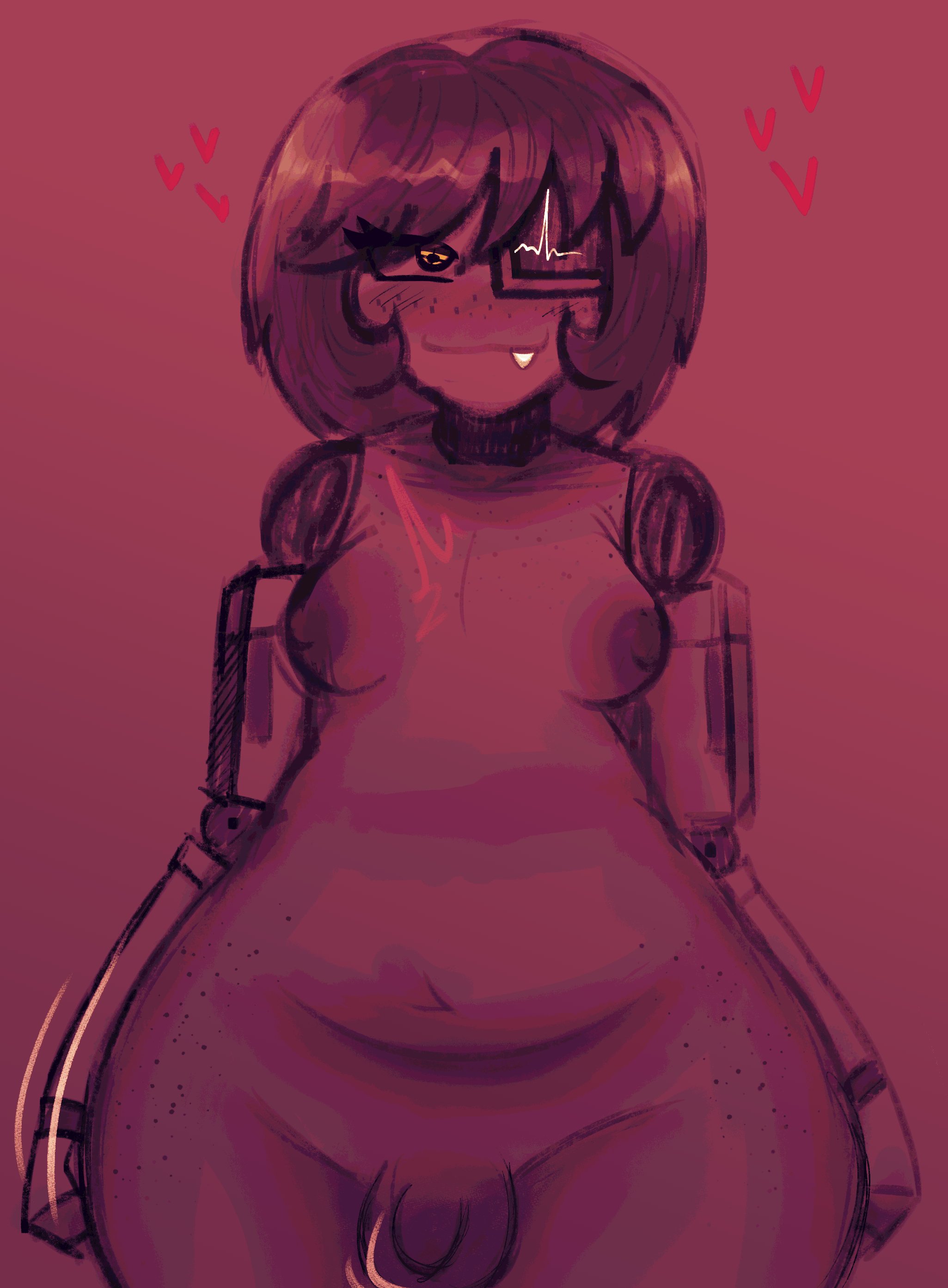 1boy, 2026, anthro, areolae, bangs, chubby, chubby male, dell spencer, femboy, femboy only, freckles, freckles on breasts, freckles on face, freckles on thighs, futanari, heart, hearts around head, lazycumlol, motion lines, penis, robot, robot arm, robot boy, sentry (team fortress 2), small breasts, small penis, snaggle tooth, solo, tagme, team fortress 2, wide hips, wide thighs