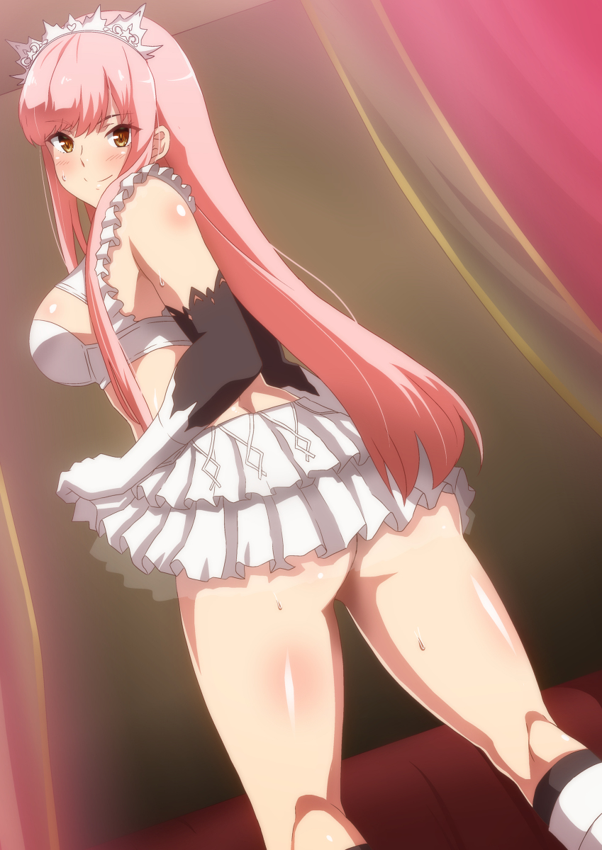 1girls, blush, boots, breasts, detached sleeves, fate (series), fate/grand order, female, female only, gold eyes, hera (hara0742), lingerie, looking at viewer, looking back, medb (fate), medium breasts, pink hair, presenting, shiny skin, skirt, solo, thighhighs, tiara, white boots, white gloves, white legwear, white lingerie, white skirt, white stockings, yellow eyes