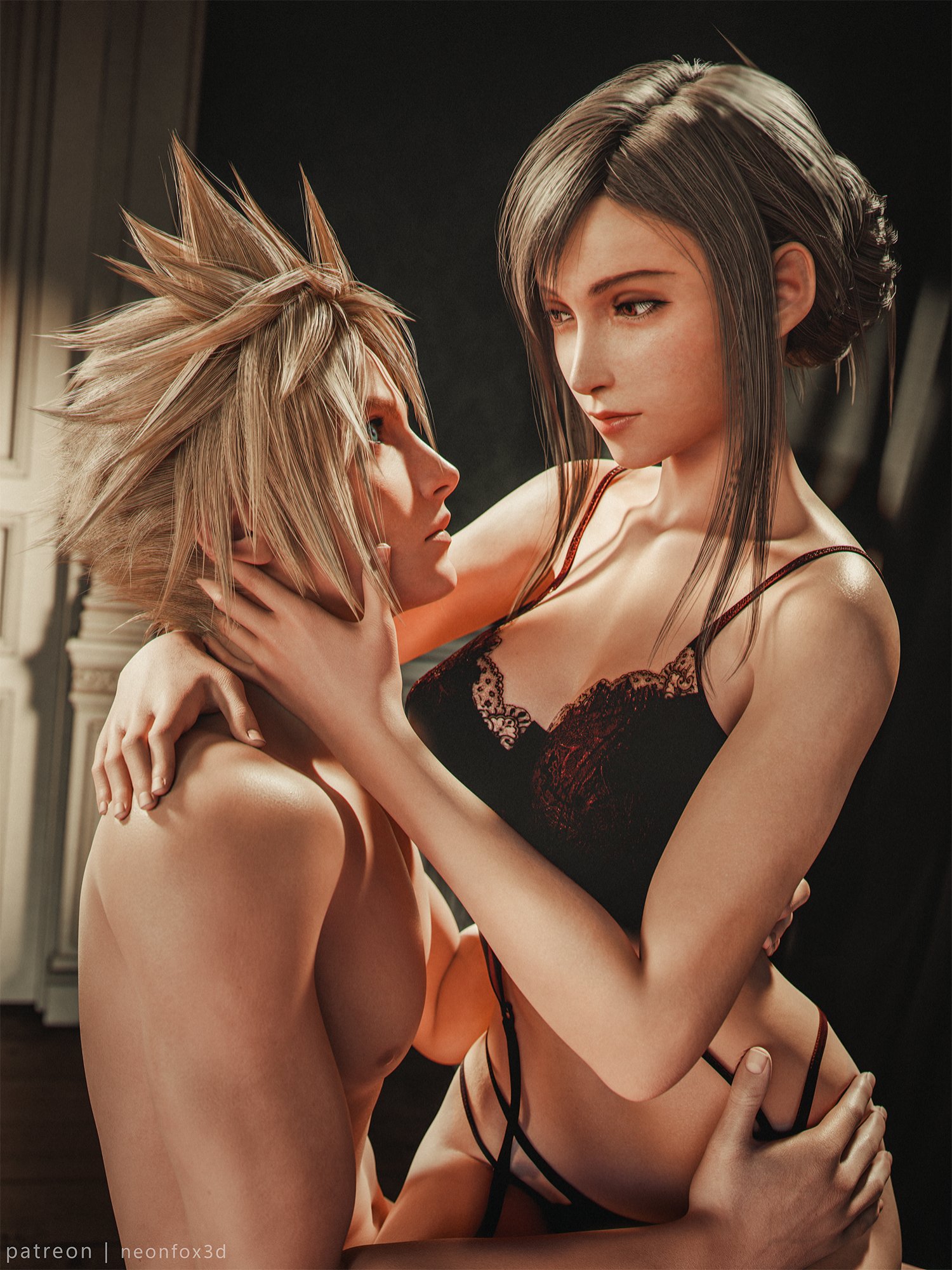 1boy, 1girls, 2025, 3d, big breasts, black hair, bra, breasts, cloud strife, detailed background, duo, female, final fantasy, final fantasy vii, final fantasy vii remake, garter belt, garter straps, hand on another's face, indoors, lace-trimmed bra, lingerie, lingerie only, lipstick, long hair, looking at partner, male, neonfox3d, official alternate hairstyle, panties, red eyes, sitting, sitting on lap, sitting on partner, skinny, skinny female, straight, tied hair, tifa lockhart