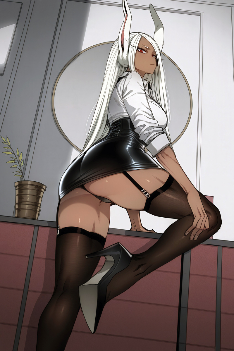 1girls, ai generated, ass, black skirt, bunny ears, female, female only, garter straps, high heels, muscular thighs, my hero academia, red eyes, rumi usagiyama, skirt, solo, solo female, thighhighs, thighs, white hair, zloimakak