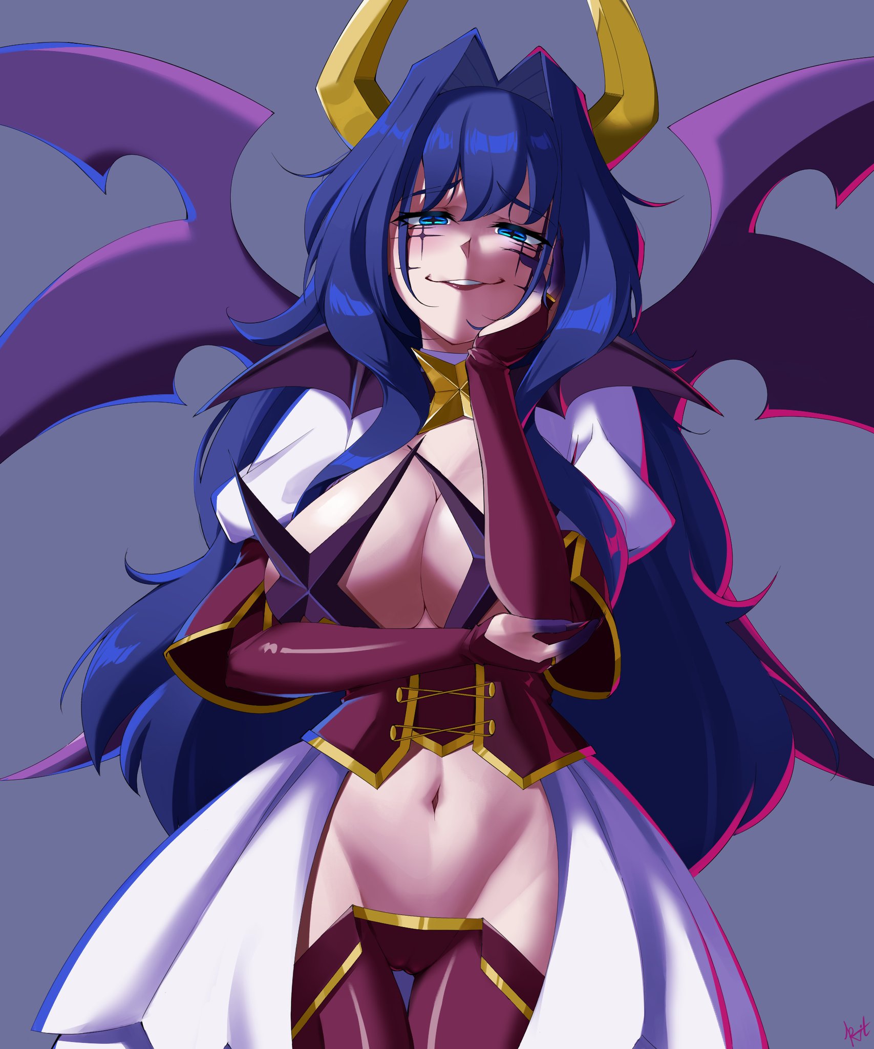1girls, alternate costume, big breasts, blue eyes, blue hair, breastless clothes, breasts, clarkekitsp, corset, cosplay, cross pasties, female, female only, glowing, glowing eyes, hair intakes, highres, hololive, hololive english, horns, large breasts, lowleg, lowleg pants, magia baiser, magia baiser (cosplay), mahou shoujo ni akogarete, ouro kronii, pants, pasties, purple corset, virtual youtuber, yellow horns
