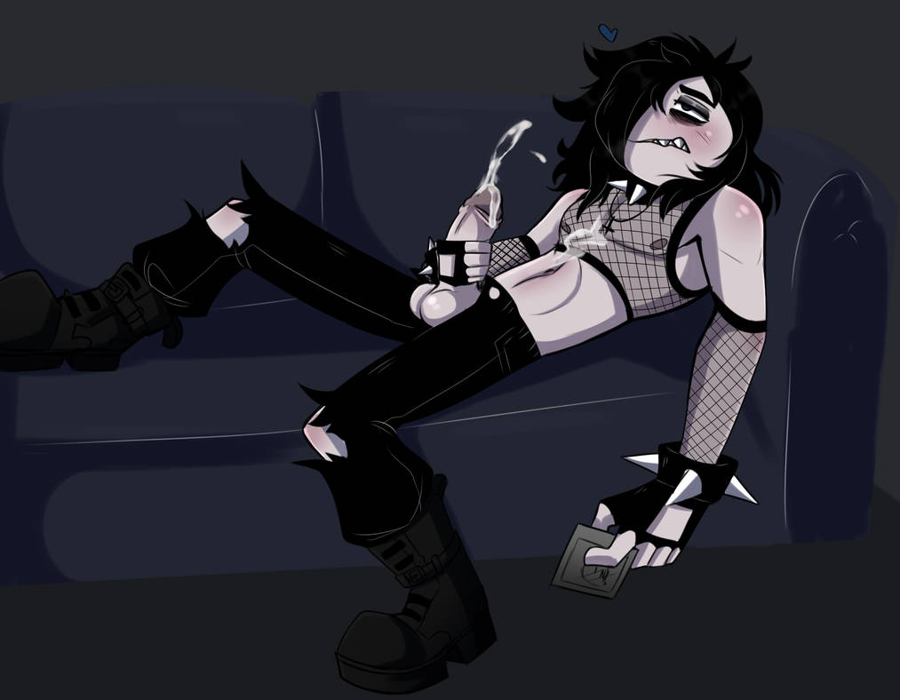 black hair, black pants, blue eyes, boots, cumming, fishnet clothing, grey skin, humanoid, humanoid penis, jerkingoff, laying down, laying on couch, male only, masturbation, peter (your boyfriend), picture, pleasured, sharp teeth, solo, spiked bracelet, spiked collar, venao, your boyfriend (game)