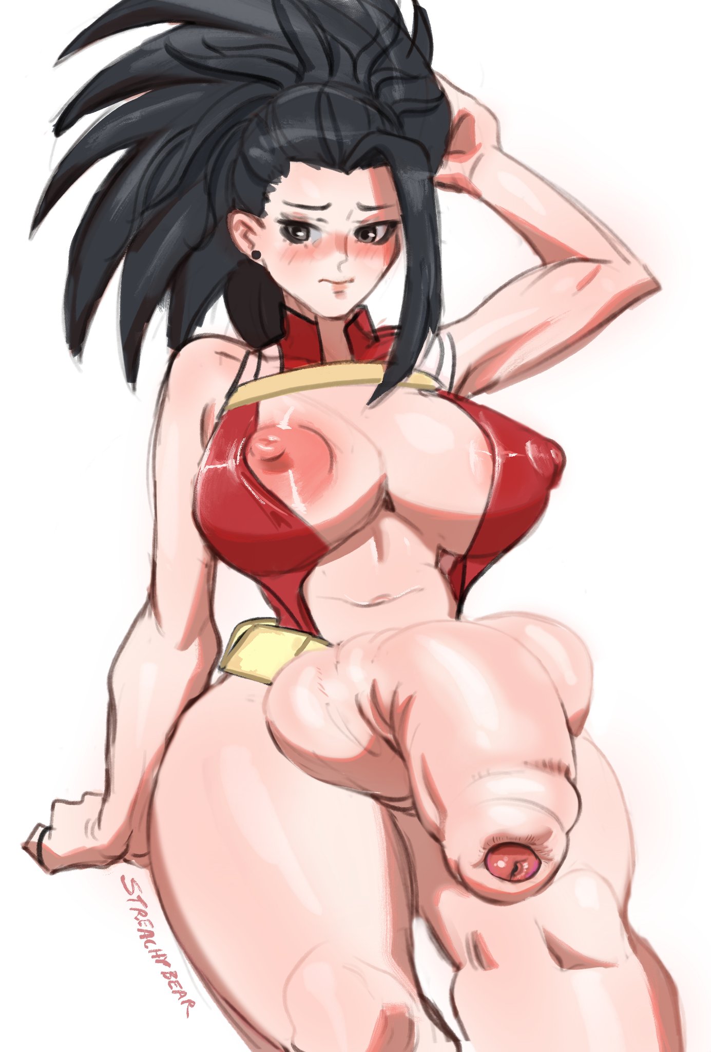 1futa, areolae, balls, big breasts, big penis, blush, breasts, dickgirl, erect nipples, erection, foreskin, futa only, futanari, hero outfit (mha), huge cock, intersex, large breasts, momo yaoyorozu, my hero academia, nipples, penis, solo, solo futa, streachybear, testicles, uncircumcised, uncut