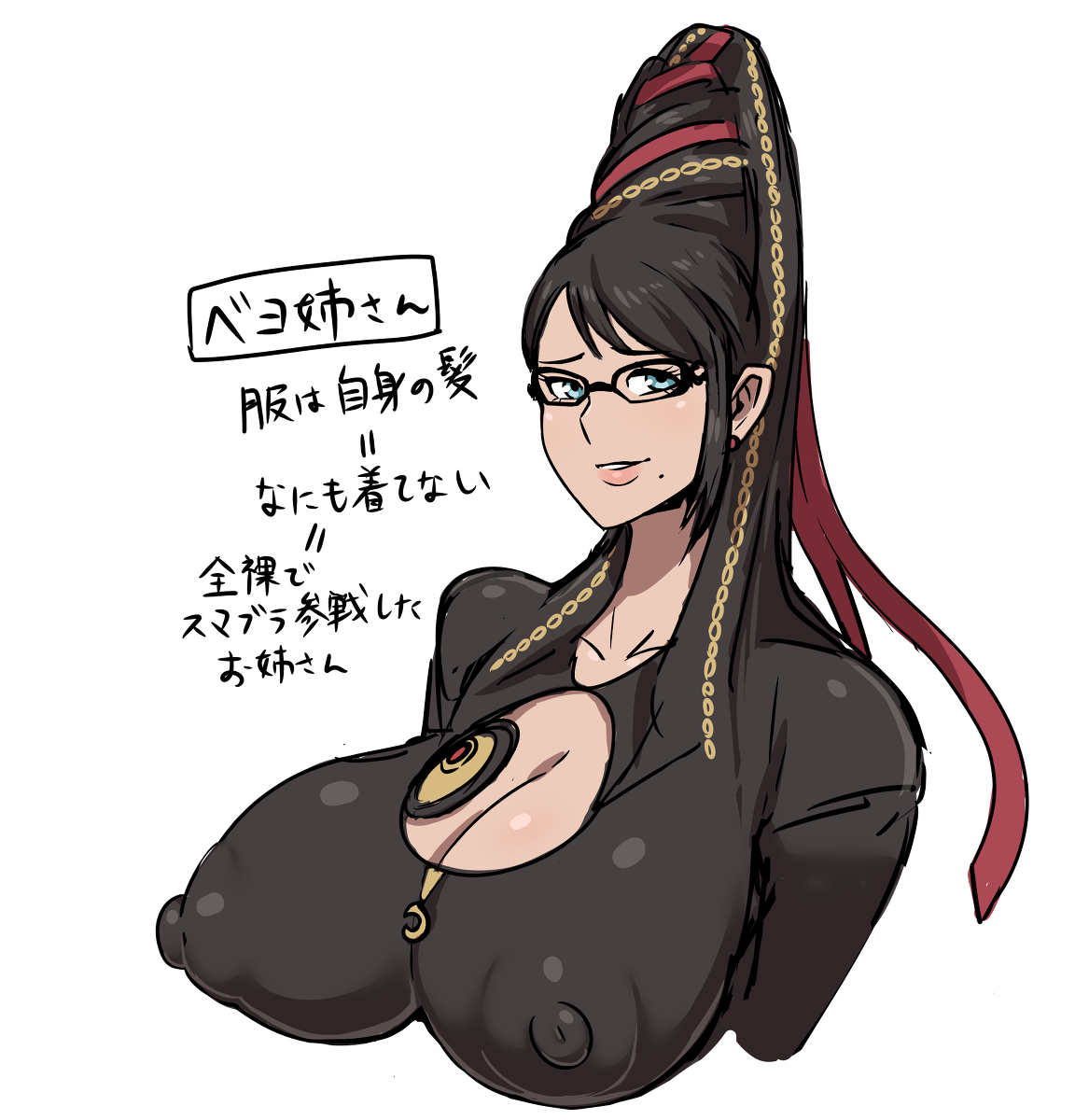 1girls, bayonetta, bayonetta (character), beauty mark, black hair, cleavage, cleavage cutout, clothing, female, female only, glasses, kandenki, solo, tagme, text, translation request