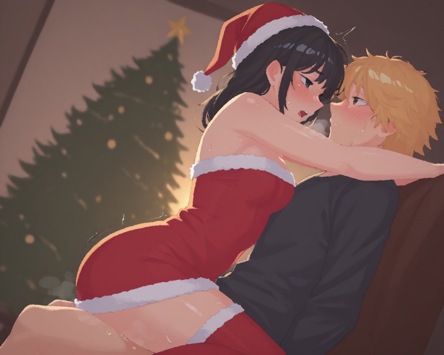 1boy, 1girls, ai assisted, ai generated, bare shoulders, black hair, blonde hair, blush, breasts, brown eyes, chainsaw man, christmas, christmas tree, clothed sex, cowgirl position, denji (chainsaw man), dress, eye contact, from side, fur trim, fur-trimmed dress, fur-trimmed headwear, hat, implied sex, indoors, long hair, long sleeves, looking at another, medium breasts, mitaka asa, open mouth, rawr69, red dress, red headwear, red thighhighs, santa costume, santa dress, santa hat, sex, shirt, short dress, short hair, sitting, sitting on person, straddling, straight, strapless, strapless dress, sweat, thighhighs, thighs, upright straddle
