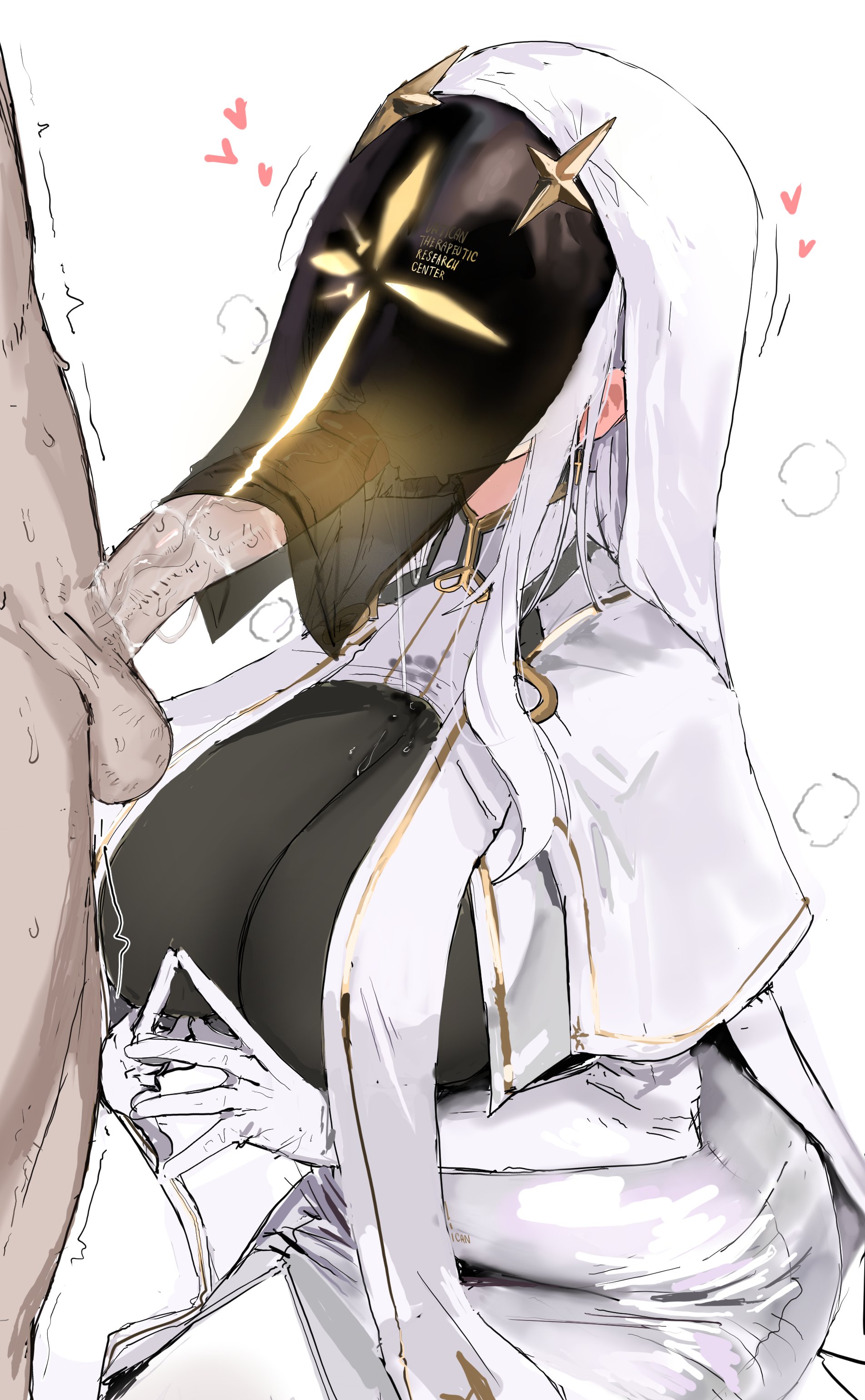 :>=, 1boy, 1girls, black bodysuit, bodysuit, breasts, capelet, clothed female nude male, cum, cum in mouth, dark-skinned male, dress, ejaculation, emphasis lines, erection, goddess of victory: nikke, headwear, heart, hi res, kneeling, large breasts, large penis, nude, oral, penis, penis under clothes, priestess, saliva, simple background, star (symbol), straight, sweat, tongue, tongue out, uncensored, uun (uundayo olo), v.t.c. priestess, veil, veiny penis, white background, white dress, white gloves, white hair