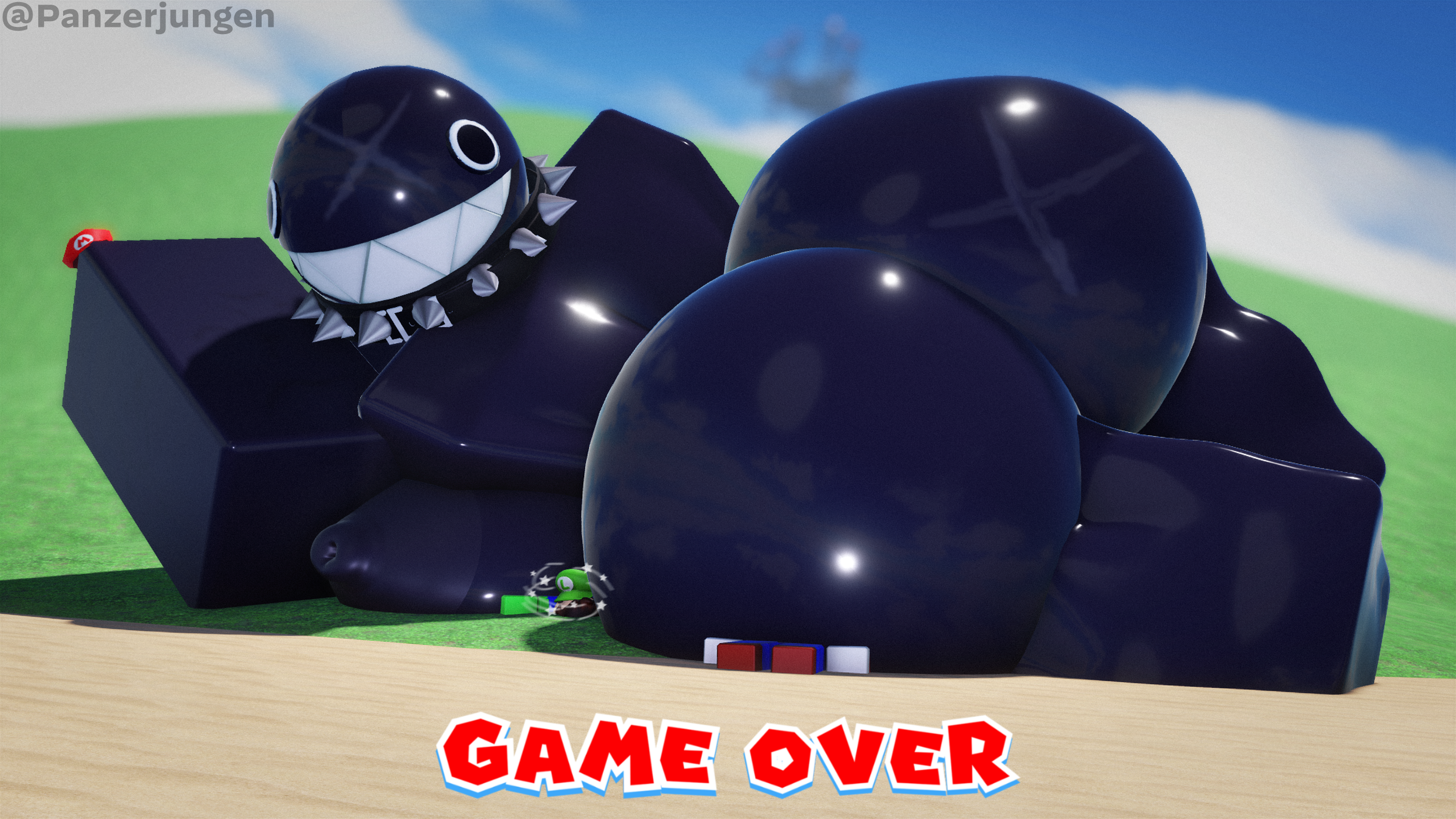 1girls, 2026, 2boys, 2boys1girl, 2k, 3d, airship, areola, areolae, ass, ass focus, back muscles, big ass, big breasts, bigger female, black body, black eyes, breast press, breast squish, bubble ass, bubble butt, chain chomp, chains, collar, completely nude, curvaceous, curvy, curvy figure, day, dialogue, dumptruck ass, english text, facesitting, female, gameplay mechanics, giant, giant ass, giantess, gigi (thecoatl034), holding hat, huge ass, huge breasts, hyper, hyper ass, hyper breasts, knocked out, laying down, luigi, lying, male, mario, mario (series), massive ass, massive breasts, nintendo, nipples, on side, outside, panzerjungen, roblox, robloxian, sand, scar, scar on ass, sharp teeth, shiny skin, smile, smothering, spiked collar, spikes, squished breasts, super mario bros., teeth, text, thick, thick ass, thick legs, thick thighs, trio, twitter username, voluptuous, voluptuous female, wide hips