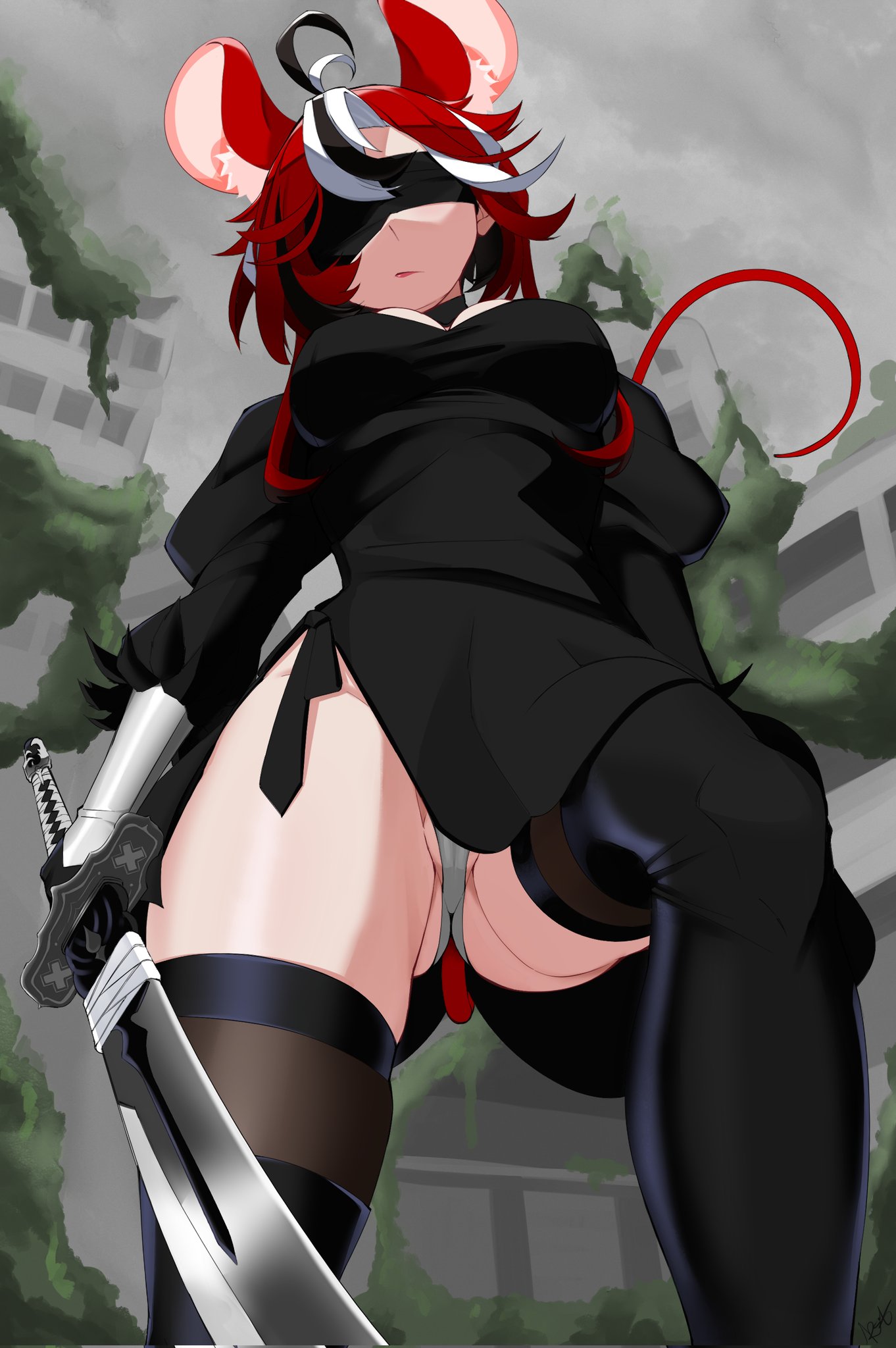 1girl, 1girls, animal ears, ass, big ass, black blindfold, black dress, black gloves, black hair, black legwear, blindfold, blue eyes, breasts, clarkekitsp, cosplay, covered eyes, dress, feather-trimmed sleeves, female, female only, gloves, hakos baelz, highres, holding, hololive, hololive english, juliet sleeves, leotard, long sleeves, looking at viewer, looking down, mole, mouse ears, mouse girl, mouse tail, multicolored hair, outdoors, puffy sleeves, red hair, short hair, solo, sword, tail, thick thighs, thigh boots, thighhighs, tight clothes, virtual youtuber, yorha 2b, yorha 2b (cosplay)