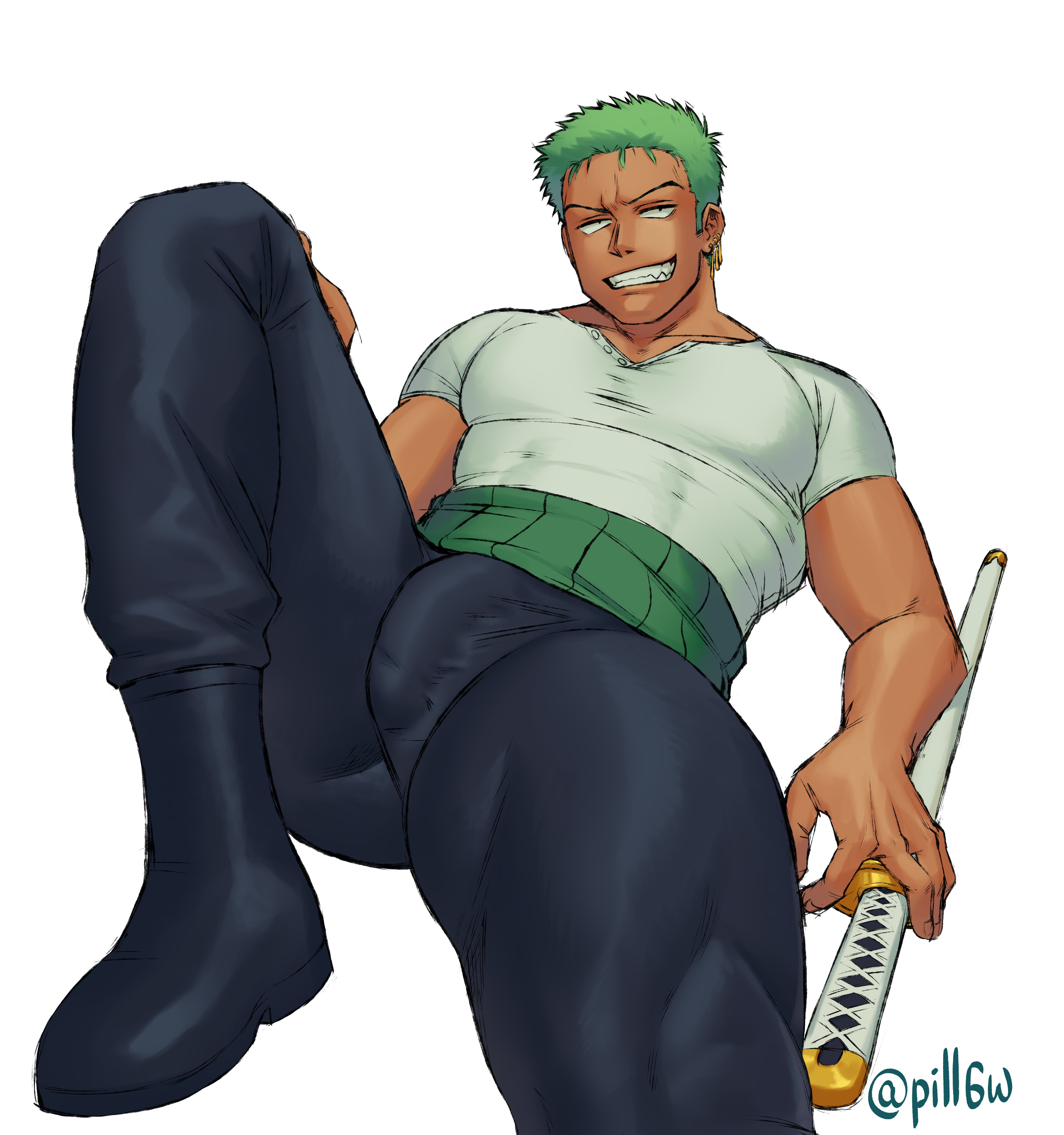 1boy, 1male, 1man, abs, abs visible through clothing, arms, balls, balls under clothes, bara, bara tiddies, bara tits, barazoku, biceps, big pecs, big pectorals, big thighs, bigger male, black pants, boots, cock, defined muscles, dick, dressed, earrings, erect penis, erection, erection under clothes, erection under pants, evil smile, exibitionism, gay, glans, green hair, haramaki, holding sword, holding weapon, homoerotic, horny, horny male, imminent sex, japanese male, larger male, looking at viewer, lying, lying down, macho, male, male focus, male only, malicious smile, manly, manly face, manly gay, masculine, masculine male, muscles, muscular, muscular legs, muscular male, muscular thighs, no background, no underwear, normal penis, one piece, open legs, pants, pecs, pectorals, penis, penis down, perineum, pill6w, pirate, pose, pre-timeskip, roronoa zoro, seduction, seductive, seductive eyes, seductive pose, seductive smile, sharp teeth, shirt, smile, smiley face, smiling, smiling at viewer, solo, solo focus, solo male, sword, swordsman, tan, tan body, tan skin, tanned, tanned body, tanned male, tanned skin, testicles, thighs, thighs bigger than head, trapezius, visible penis, wanting sex, white skin, yaoi, zoro, zoro (one piece)