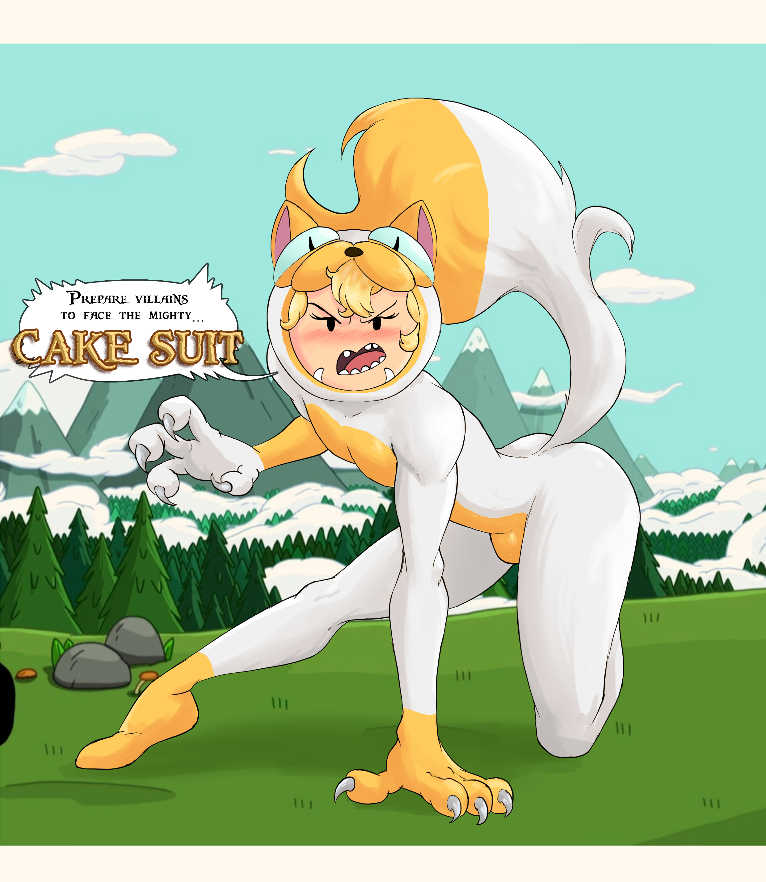 1boy, adventure time, blonde male, bodysuit, bulge, cake the cat, cakesuit, cartoon network, claws, english text, femboy, feminine male, fighting stance, finn the human, front view, full body, fur, gearthefae, slim waist, text