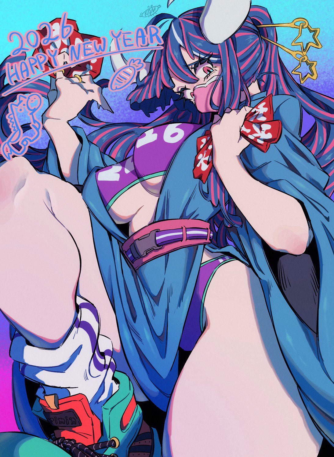 1girls, 2026, alternate costume, ass, bare thighs, big ass, big breasts, big butt, blue hair, blue-haired female, blush, boob window, breasts, bunny ears, clothed, clothing, color, female, female focus, female only, happy new year, hi res, horns, kanikanipan3740, kimono, large breasts, light skin, light-skinned female, long hair, looking at viewer, mask, multicolored hair, one piece, pink eyes, shounen jump, solo, solo female, tagme, thick thighs, ulti (one piece)
