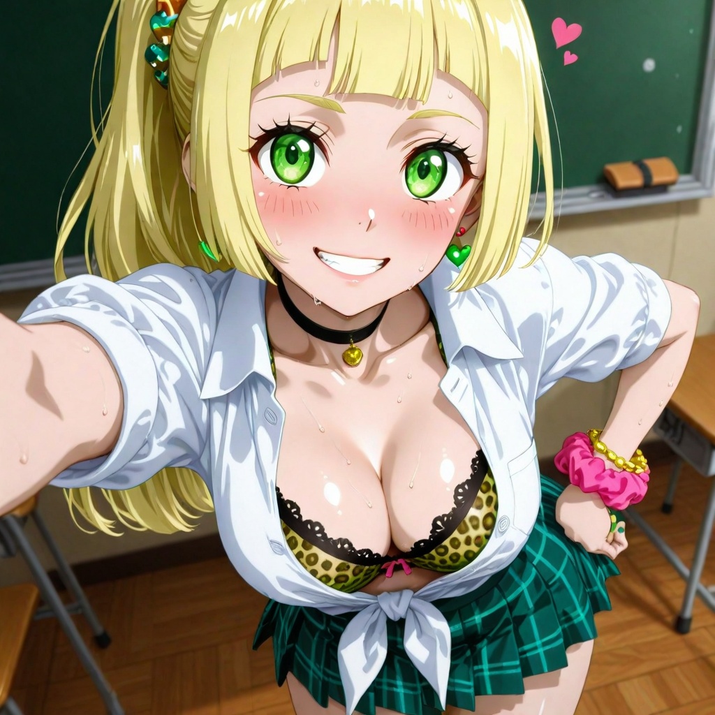 ai, ai generated, ai-created, bangs, blonde hair, blush, bra, bracelet, breasts, choker, classroom, cleavage, collarbone , earrings, female, green bra, green nails, green skirt, grin, gyaru, hand on hip, heart, indoors, jewelry, leopard print, leopard print bra, lillie (pokemon), looking at viewer, nail polish, open clothes, open shirt, plaid, plaid skirt, pleated skirt, pokemon, pokemon sm, school uniform, scrunchie, selfie, shirt, skirt, smile, solo focus, sweat, teeth, thighs, tied shirt, underwear, white shirt, wrist
