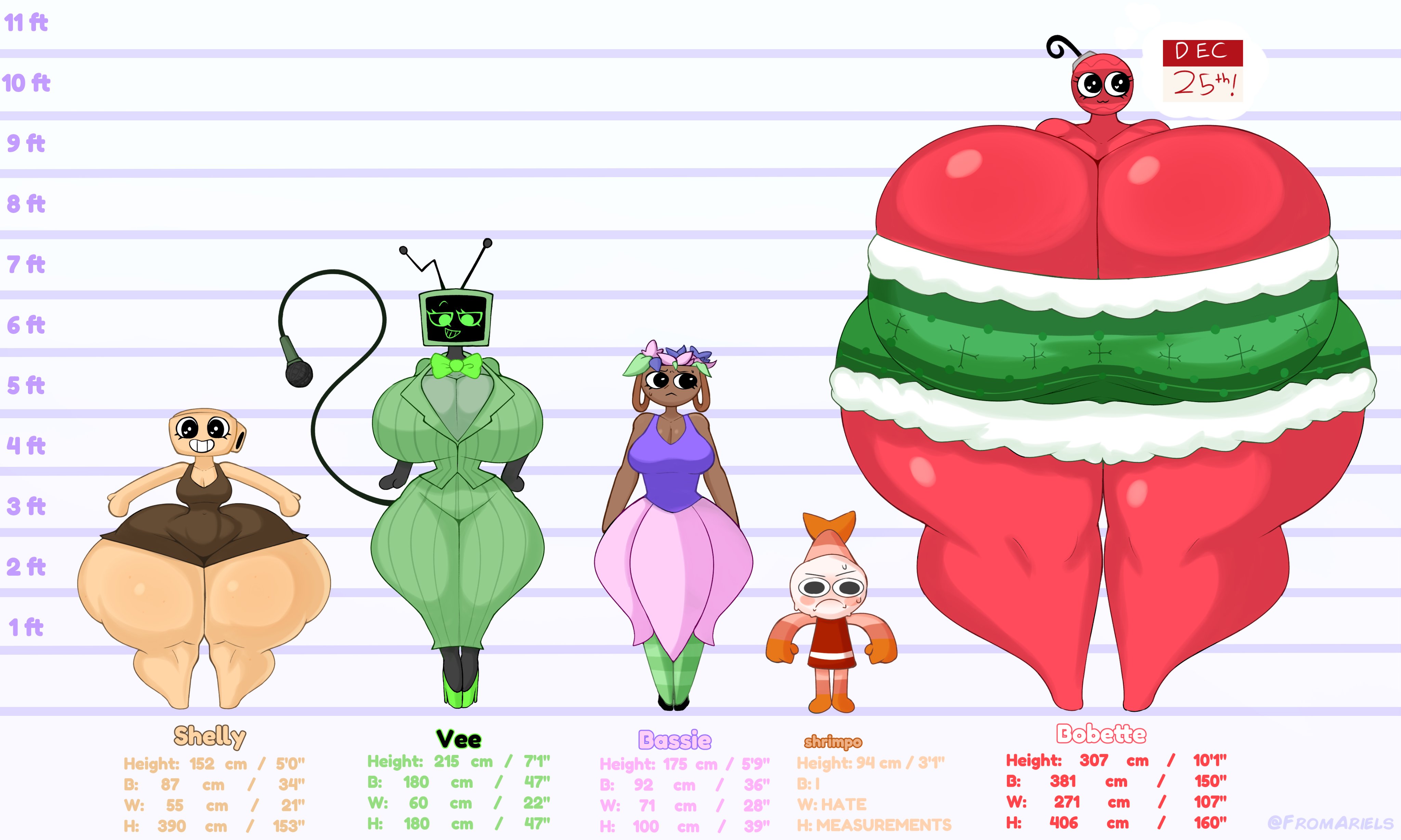 1boy, 2026, 4girls, 4girls1boy, bassie (dandy's world), big breasts, big thighs, bigger female, blushcrunch studio, bobette (dandy's world), bottom heavy, breasts bigger than head, breasts bigger than torso, character height, character name, character profile, character sheet, comparing, comparison, curvaceous figure, curvy, curvy body, curvy female, curvy figure, curvy hips, dandy's world, female, fromariels, height, height comparison, height difference, huge breasts, huge thighs, hyper, hyper breasts, hyper thighs, large breasts, large thighs, larger female, looking at viewer, male, measurements, mini giantess, roblox, roblox game, shelly (dandy's world), shrimpo (dandy's world), smaller male, tagme, tall, tall girl, taller female, taller girl, thick thighs, thighs bigger than head, three sizes, twitter link, unclear measurements, vee (dandy's world), wide hips, wide thighs