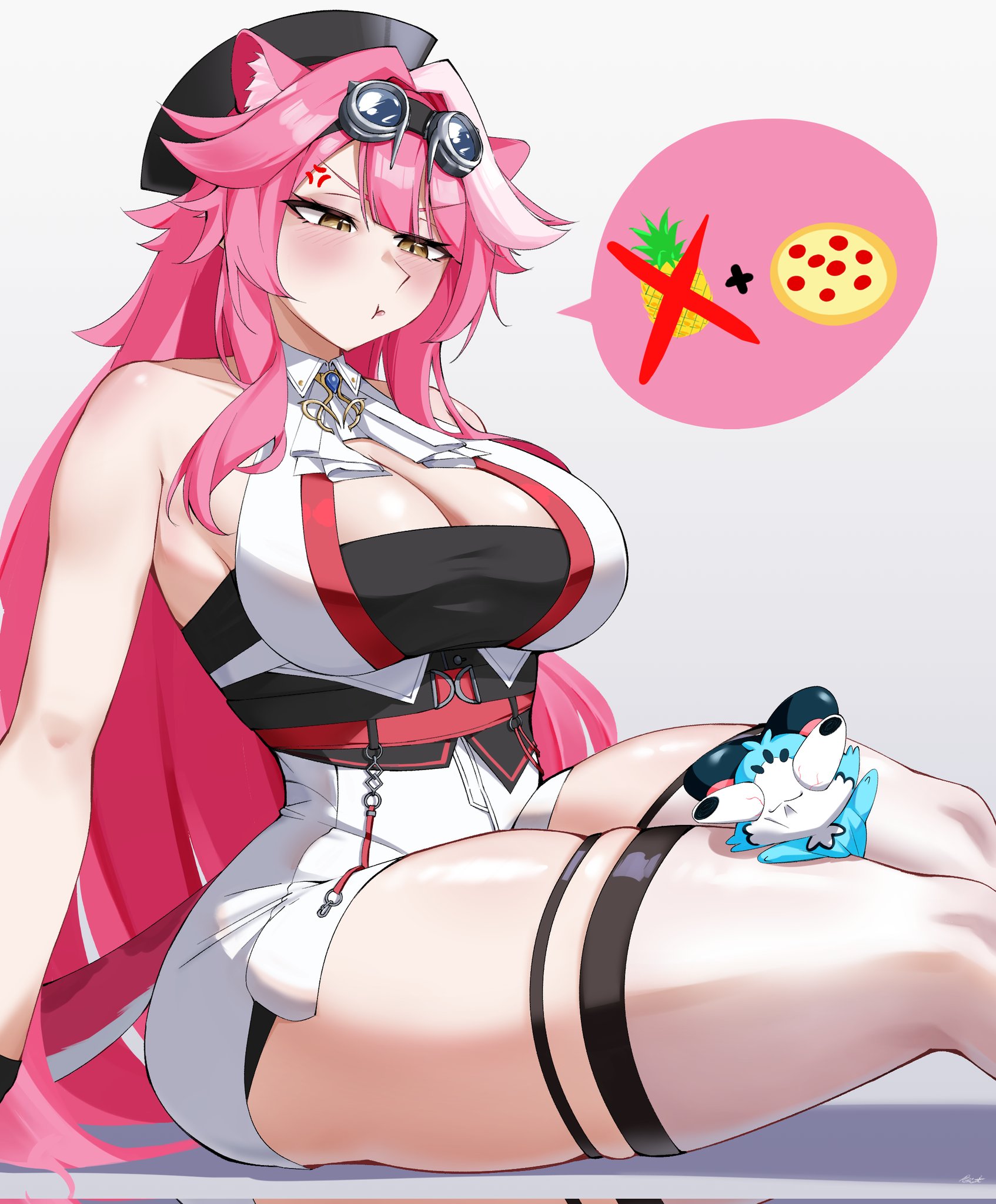 1girls, anger vein, angry expression, animal ear fluff, animal ears, ass, bangs, bare shoulders, between thighs, big ass, big breasts, blush, breasts, cat ears, cat tail, chattino (raora panthera), clarkekitsp, cleavage, emoji, eyewear on head, fan mascot (vtuber), female, female only, goggles, goggles on head, hat, hololive, hololive english, hololive justice, italian, large breasts, long hair, pink hair, pout, raora panthera, sitting, sleeveless, solo, speech bubble, tagme, tail, thick legs, thick thighs, thighhighs, thighs, virtual youtuber, white legwear, yellow eyes