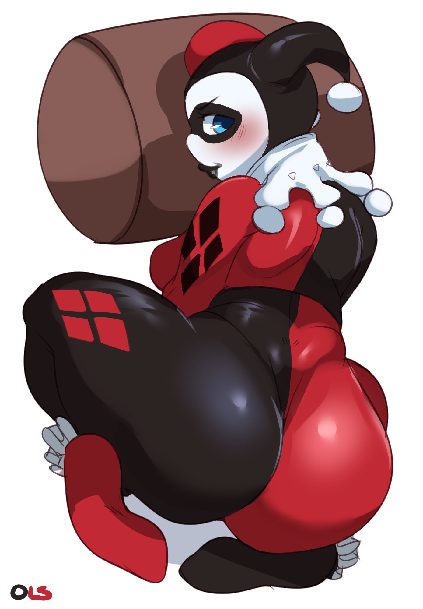 1girls, 2017, ass, batman (series), batman: the animated series, black lipstick, blue eyes, blush, bubble butt, dc, dc comics, female, female only, hammer, harley quinn, harley quinn (classic), hi res, jester, kneeling, lightsource, looking at viewer, looking back, looking back at viewer, rear view, solo, thick ass, thick thighs, white background