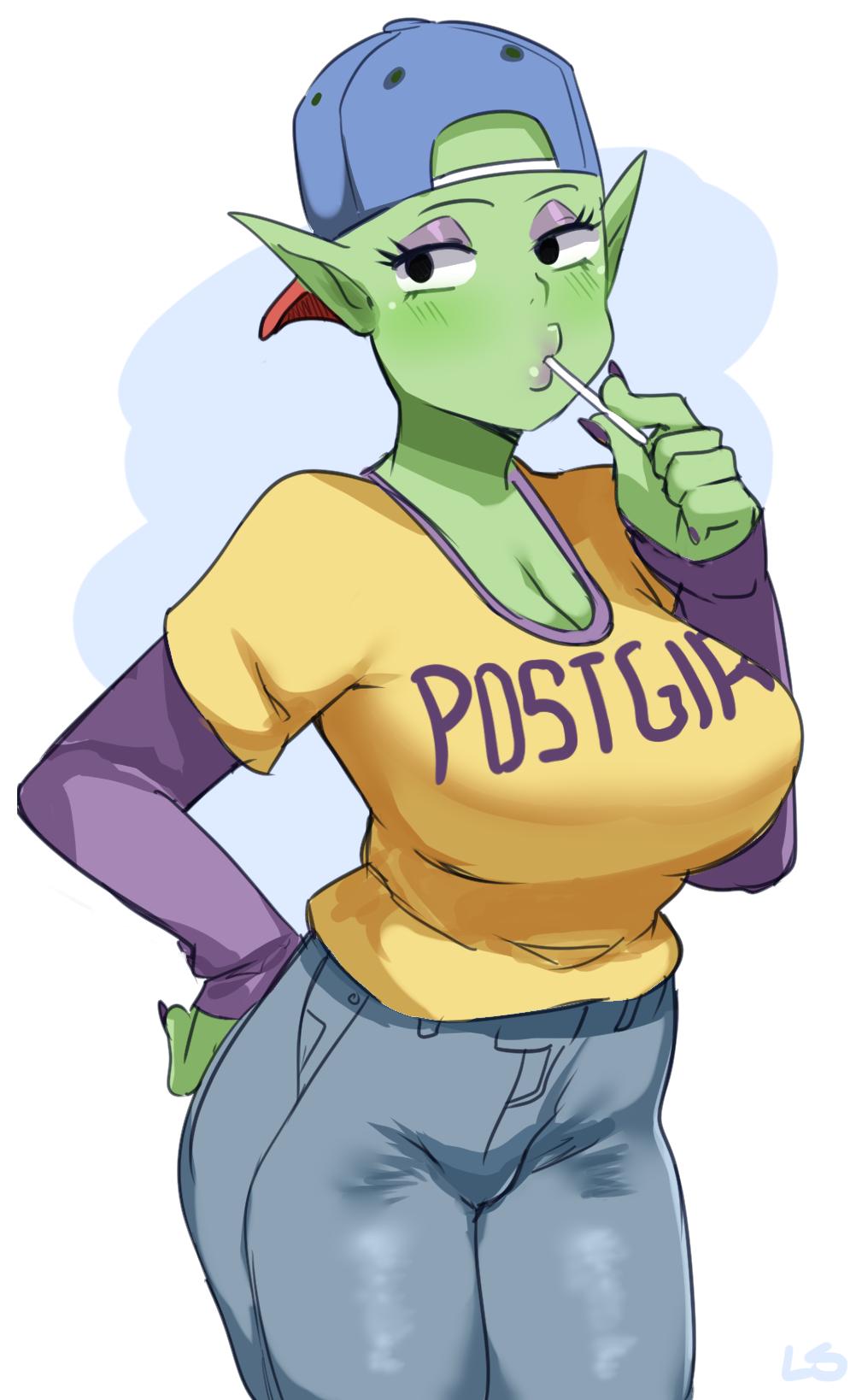 1girls, 2019, backwards baseball cap, big breasts, black eyes, blush, clothing, dragon ball, dragon ball z, female, female only, green skin, hand on hip, hi res, lightsource, lollipop in mouth, looking at viewer, namekian, piccolo, pointy ears, rule 63, solo, text on clothing, white background