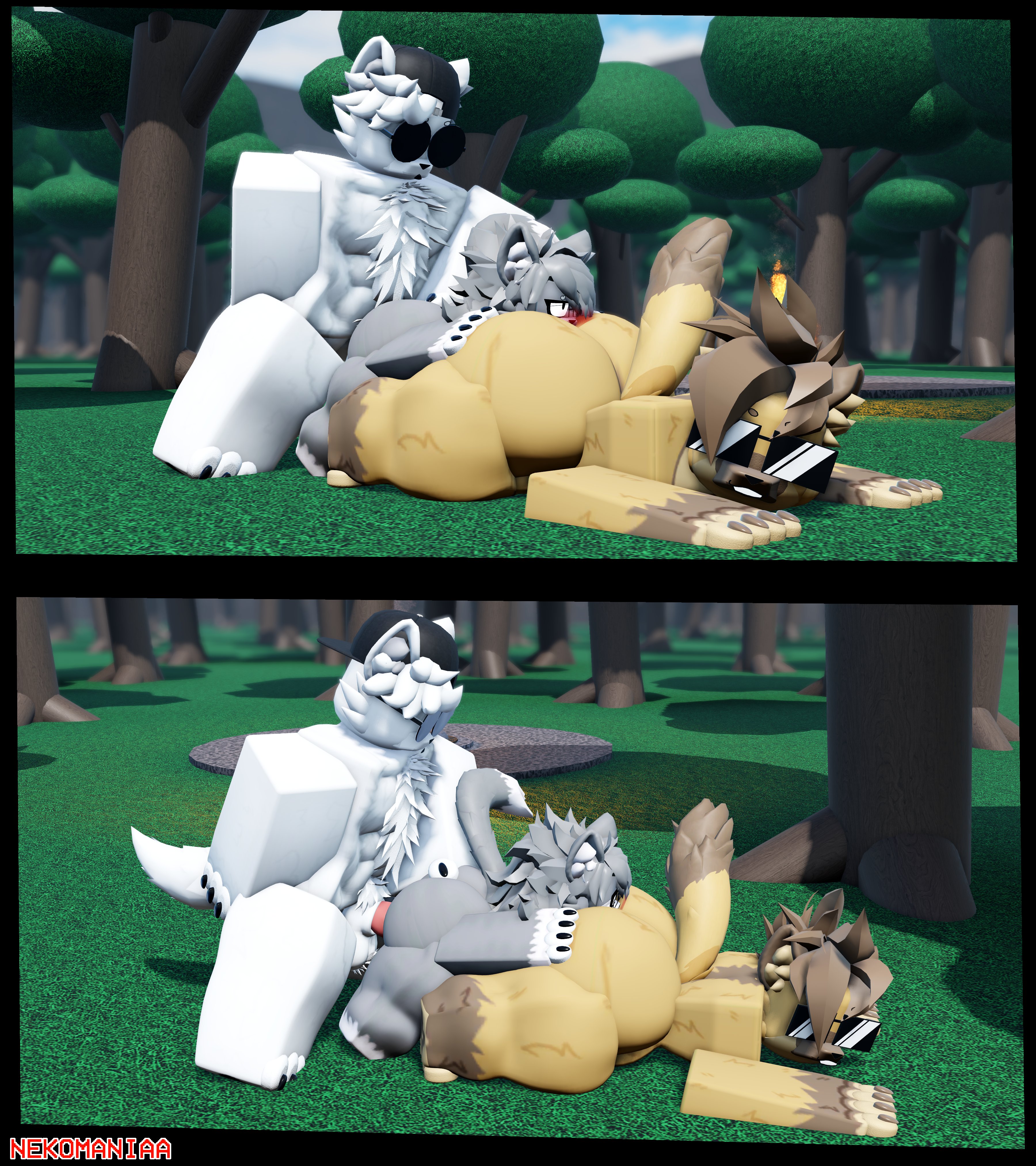2boys, 3d, big dom small sub, canine, feline, female rimming male, furry, furry only, grey fur, hyena, larger male, male, male/female, nekomaniaa, nerdy female, outside, outside sex, rimming, roblox, roblox avatar, robloxian, self upload, smaller female, tagme, white fur