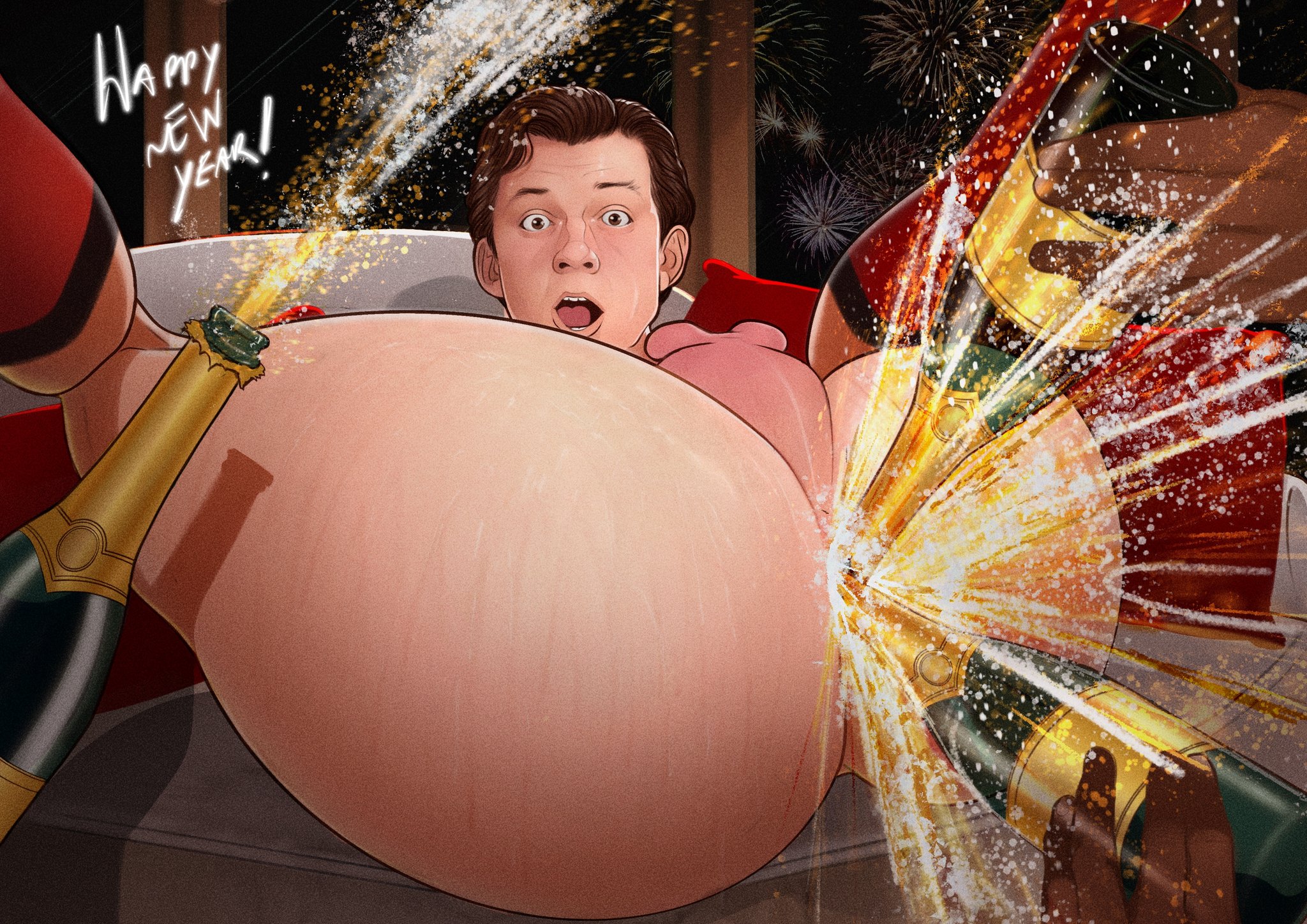 ass, ass focus, balls, champagne, dark-skinned male, english text, gay, interracial, light-skinned male, looking at viewer, male, male focus, male only, marvel, marvel comics, moonkun, multiple boys, new year, nude, open mouth, peter parker, socks, solo focus, spider-man, spider-man (series), spider-man (tom holland), text, tom holland, yaoi
