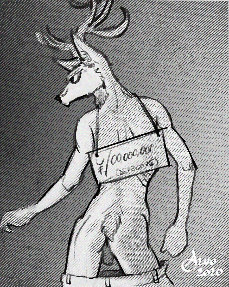 2020 4:5 anthro arvo92 balls beastars cervid cervine digital_media_(artwork) genitals horn louis_(beastars) male male_only mammal nude pinup pose simple_background solo