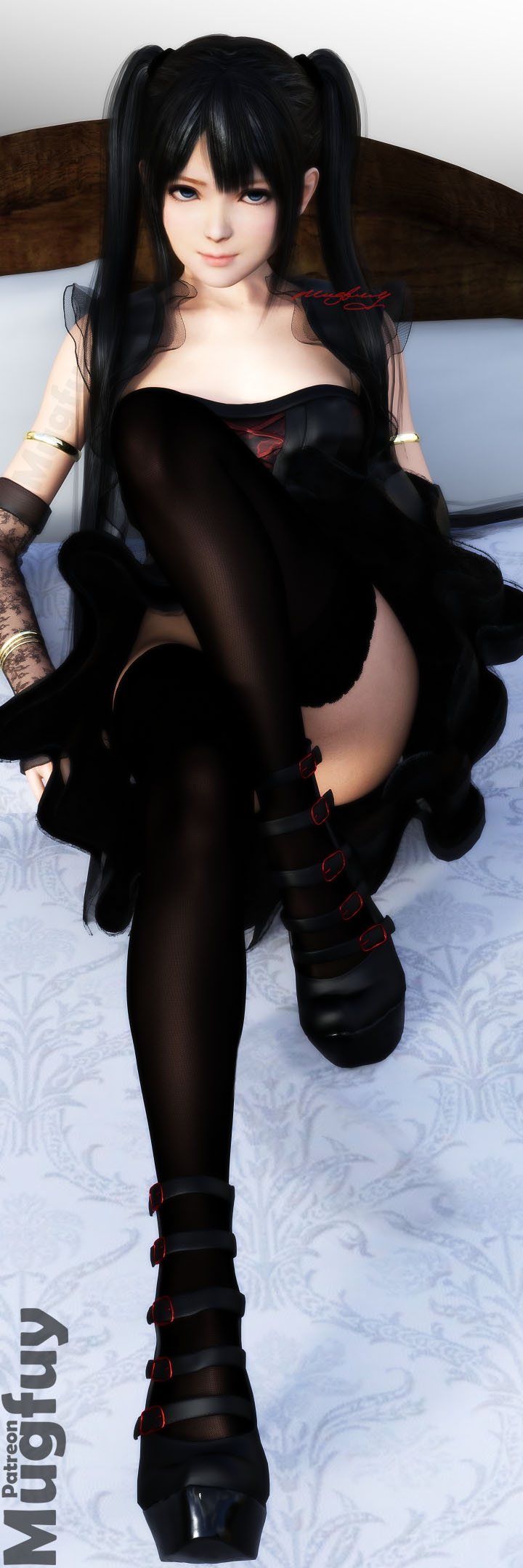 3d, alternate hair color, alternate hairstyle, armlet, black hair, black legwear, blue eyes, dead or alive, dead or alive 5, detached sleeves, female, goth, gothic lolita, jewelry, looking at viewer, marie rose, mugfuy, shoes, solo, swedish, twintails