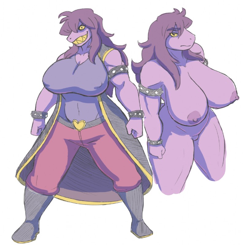 1girls, alternate breast size, anthro, big breasts, breasts, chubby, clothed, deltarune, female, huge breasts, mindwipe, nipple bulge, nude, purple skin, scalie, simple background, sketch, susie (deltarune), thick thighs, wide hips, yellow eyes