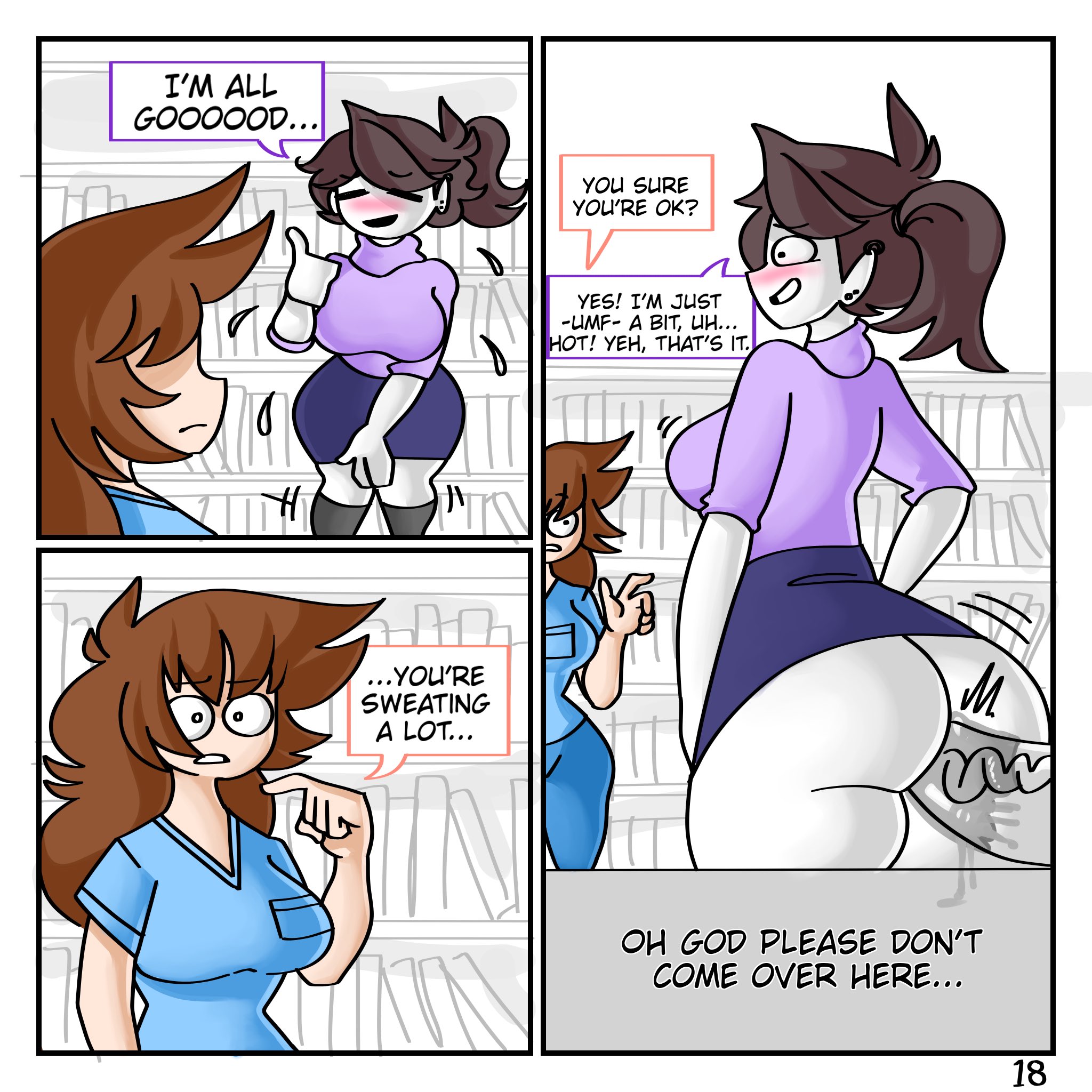 1boy, 2girls, anal, anal sex, anon, anor3xia, ass, ass focus, big ass, bimbo, blue skirt, bottomless, breasts, bubble ass, bubble butt, butt focus, clothed sex, comic, english text, female, height difference, huge ass, huge breasts, huge cock, jaiden, jaiden (library), jaiden animations, jaiden dittfach, library, male, miniskirt, multiple females, multiple girls, page 18, pencil skirt, penis, penis vein, sex, sex in skirt, shannon gurr, shgurr, skirt, skirt lift, sweating, text, thick ass, thick penis, thick thighs, thighs, tight skirt, wide hips, youtube, youtuber