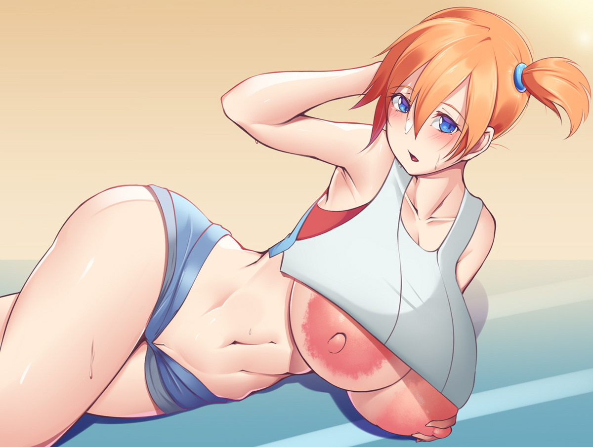 1girls, abs, alternate breast size, alternate outfit, armpits, big nipples, blue eyes, bluespice, blush, breasts, female, huge breasts, human only, kasumi (pokemon), large breasts, looking at viewer, midriff, misty (pokemon), nintendo, nipples, orange hair, pokemon, pokemon lgpe, pokemon rgby, red hair, solo, thick thighs, underboob, wide hips