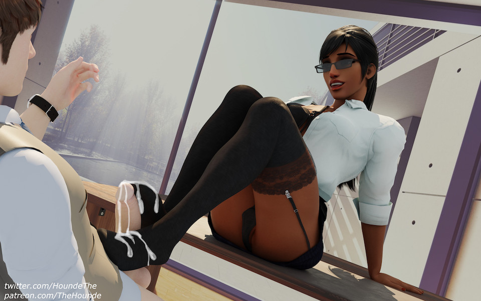 1boy, 1girls, 3d, balls, big breasts, black hair, black legwear, black panties, black thighhighs, blender, breasts, brown skin, clothed, clothed female, cum, cum on feet, cum on legwear, cumdrip, dark skin, dark-skinned female, egyptian, erection, feet, female, footjob, footjob with legwear, glasses, heeljob, interracial, large breasts, light skin, light-skinned male, looking at another, male, miniskirt, open mouth, overwatch, panties, penis, pharah, sitting on table, testicles, thehounde, thighhighs, unbuttoned shirt